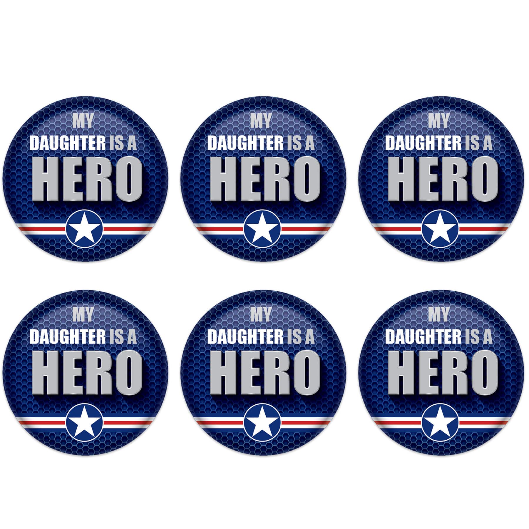 Beistle 2" Blue & Silver My Daughter Is A Hero Buttons, 6ct.