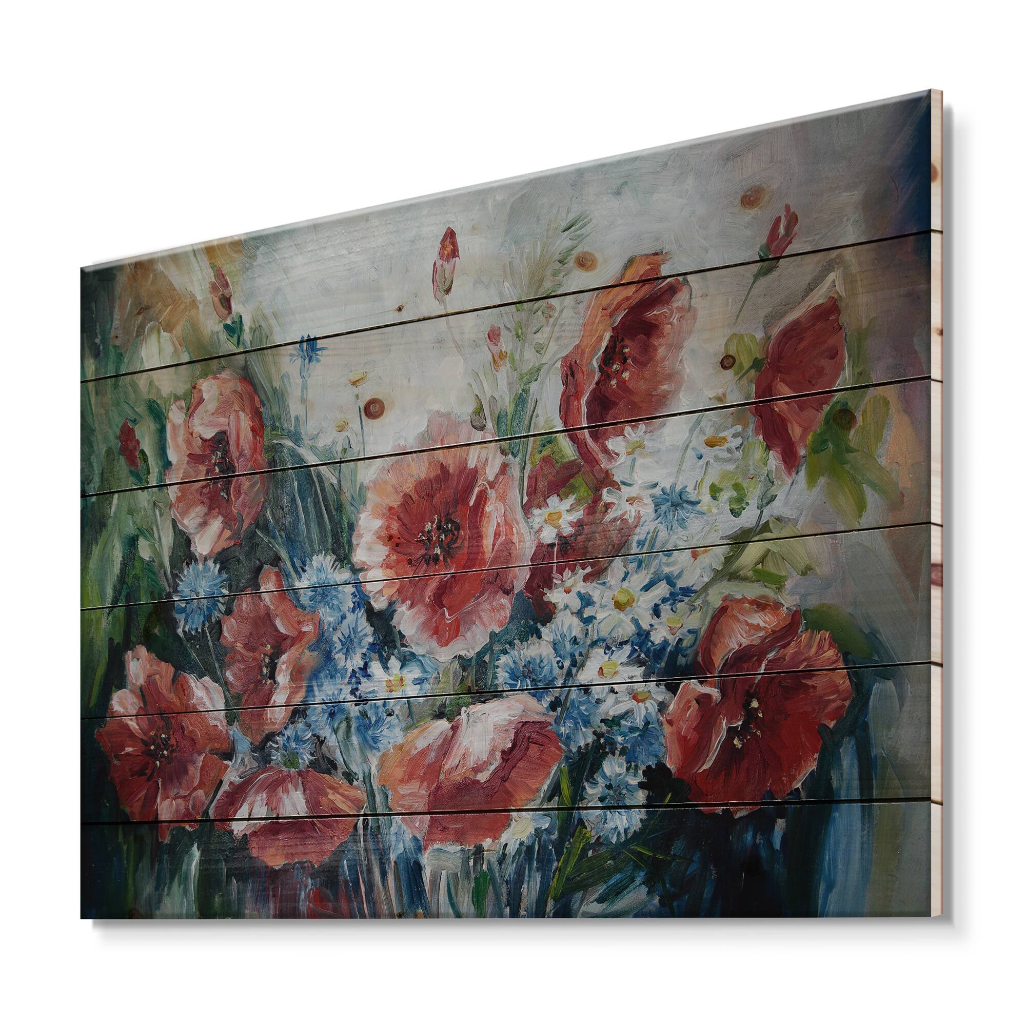 Designart - Retro Bouquet of Poppies - Traditional Print on Natural Pine Wood