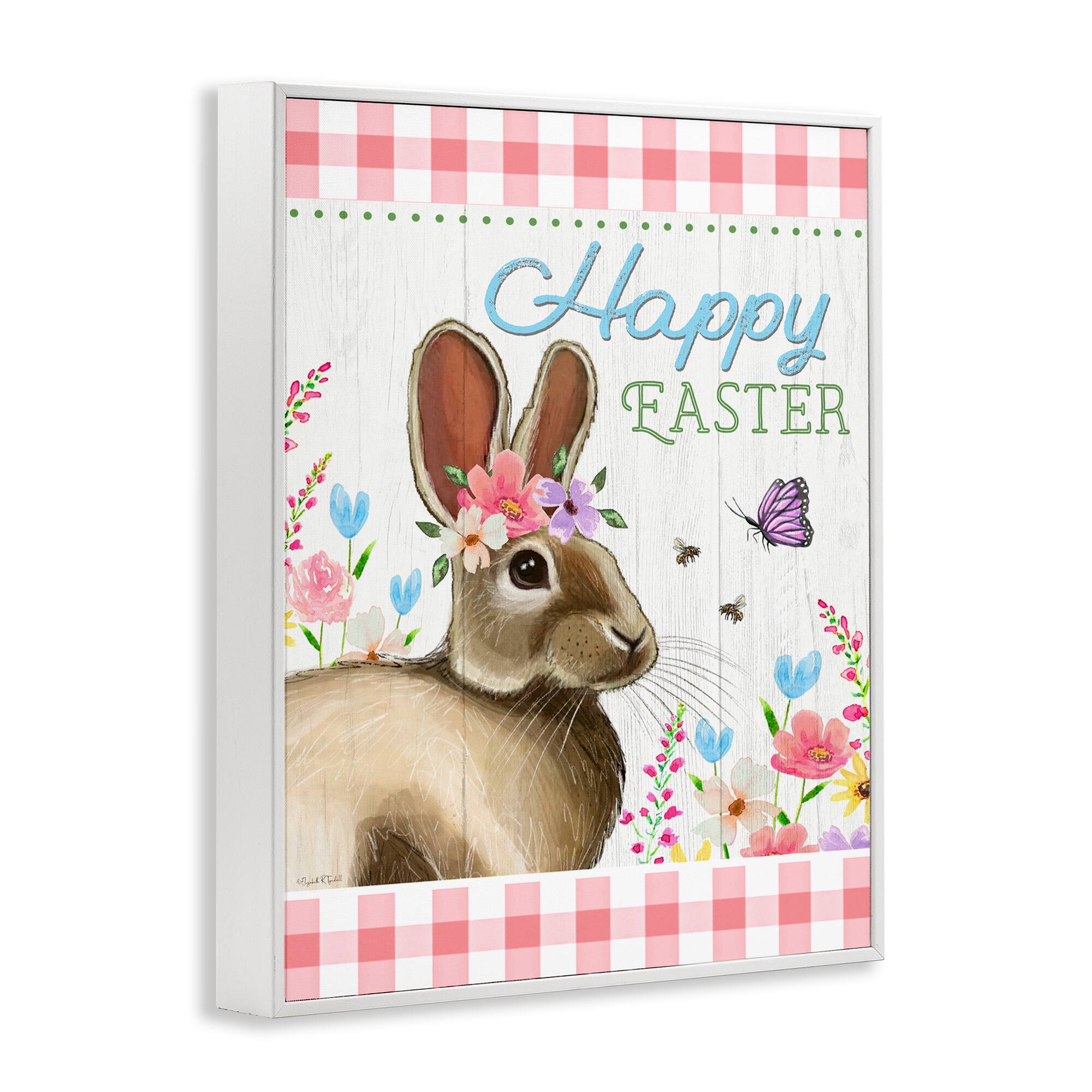 Stupell Industries Happy Easter Floral Gingham Rabbit Framed Giclee Art