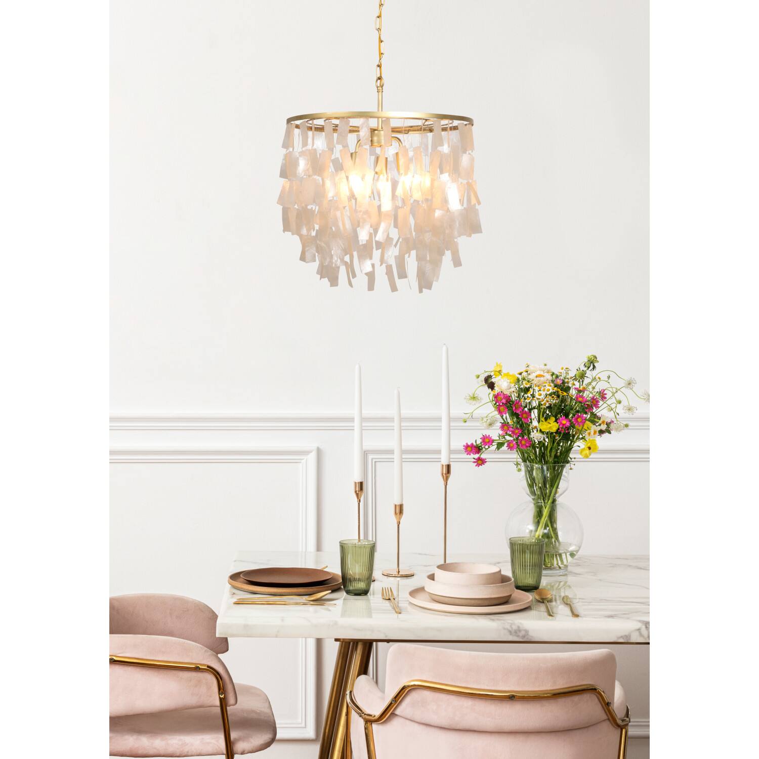 Hello Honey® Marina Large Round Gold Metal & Natural Capiz Chandelier Style Pendant Ceiling Light