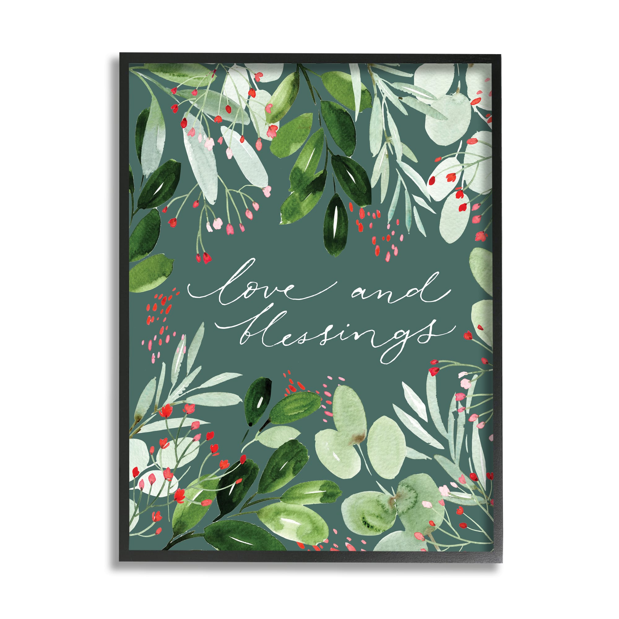 Stupell Industries Love & Blessings Green Floral Leaves Framed Giclee Art