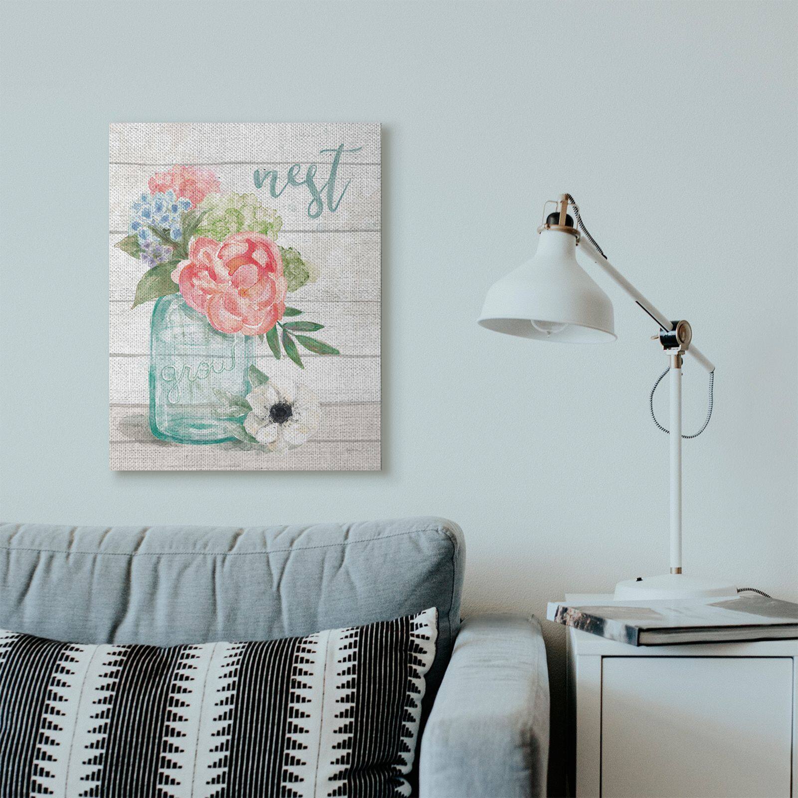 Stupell Industries Nest Grow Flower Jar Rustic Wood Textured Word Design Canvas Wall Art