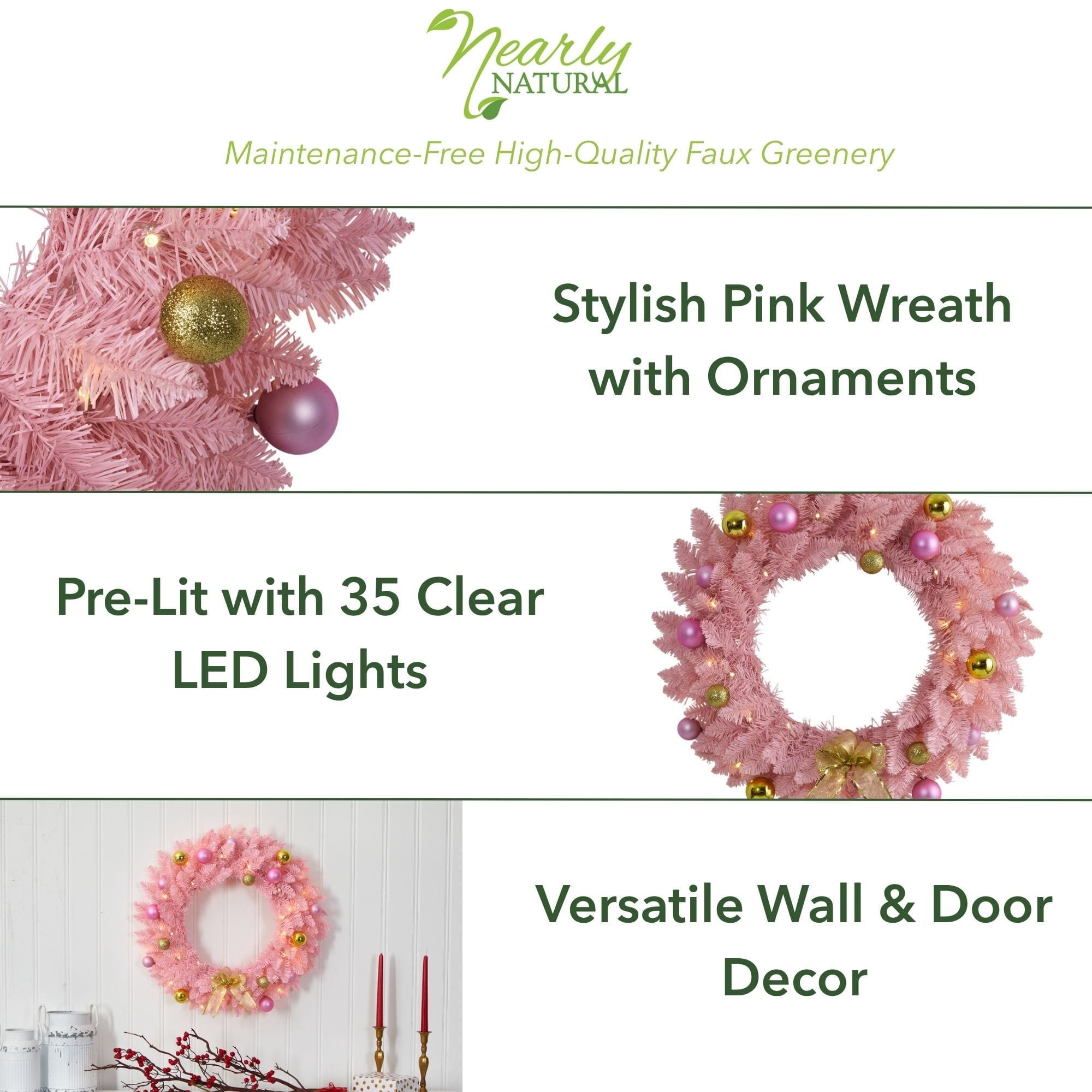 24" LED Pink Artificial Christmas Wreath with Ornaments