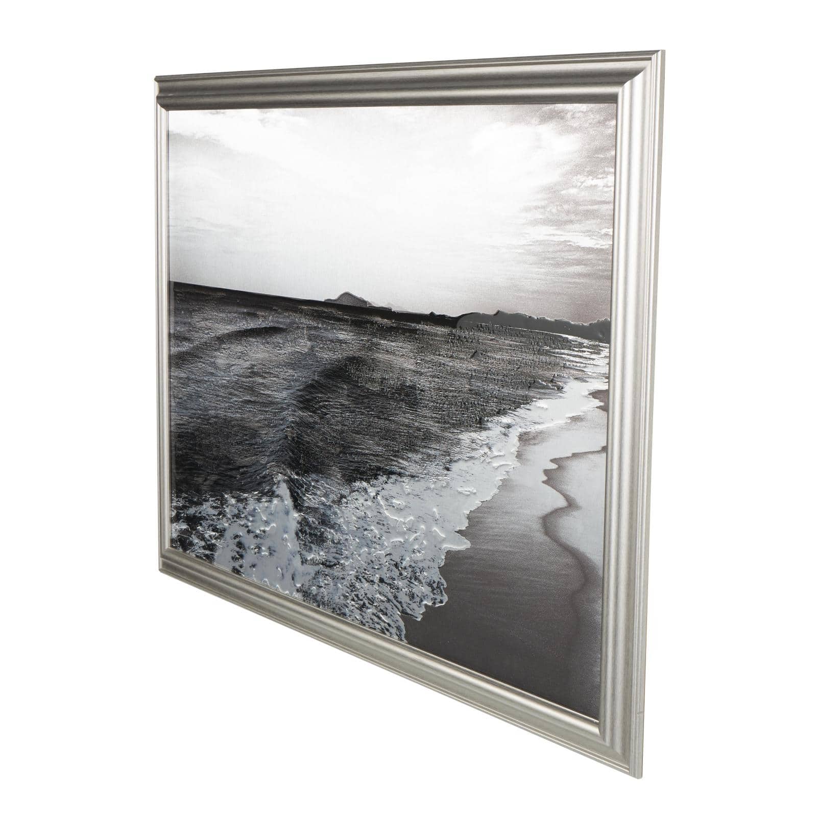 Silver Canvas Ocean Landscape Textured Framed Wall Art with Black & White Accents