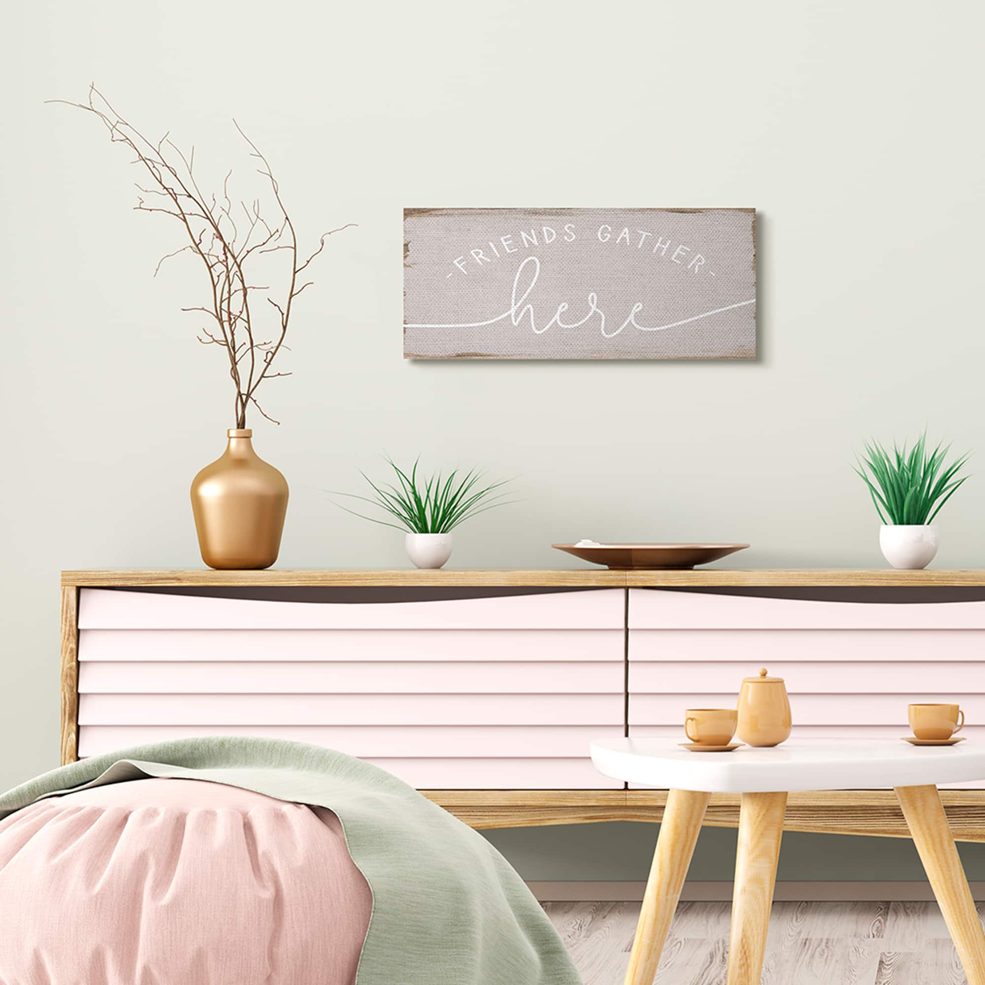Stupell Industries Friends Gather Here Phrase Charming Distressed Paint Canvas Wall Art