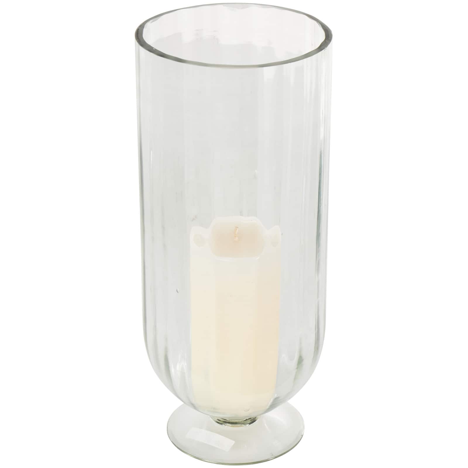 Clear Glass Ribbed Fluted Decorative Candle Holder with Elevated Base