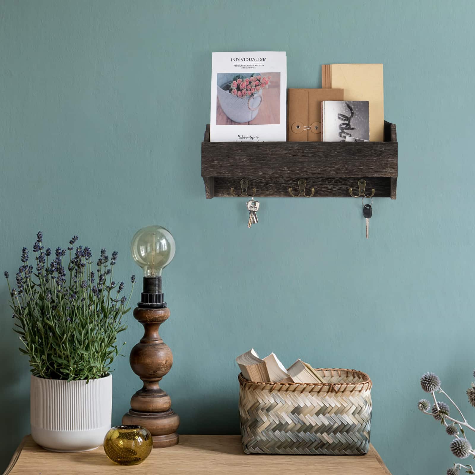 NEX™ Rustic Brown Wall-Mounted Wooden Key Rack with 3 Double Key Hooks