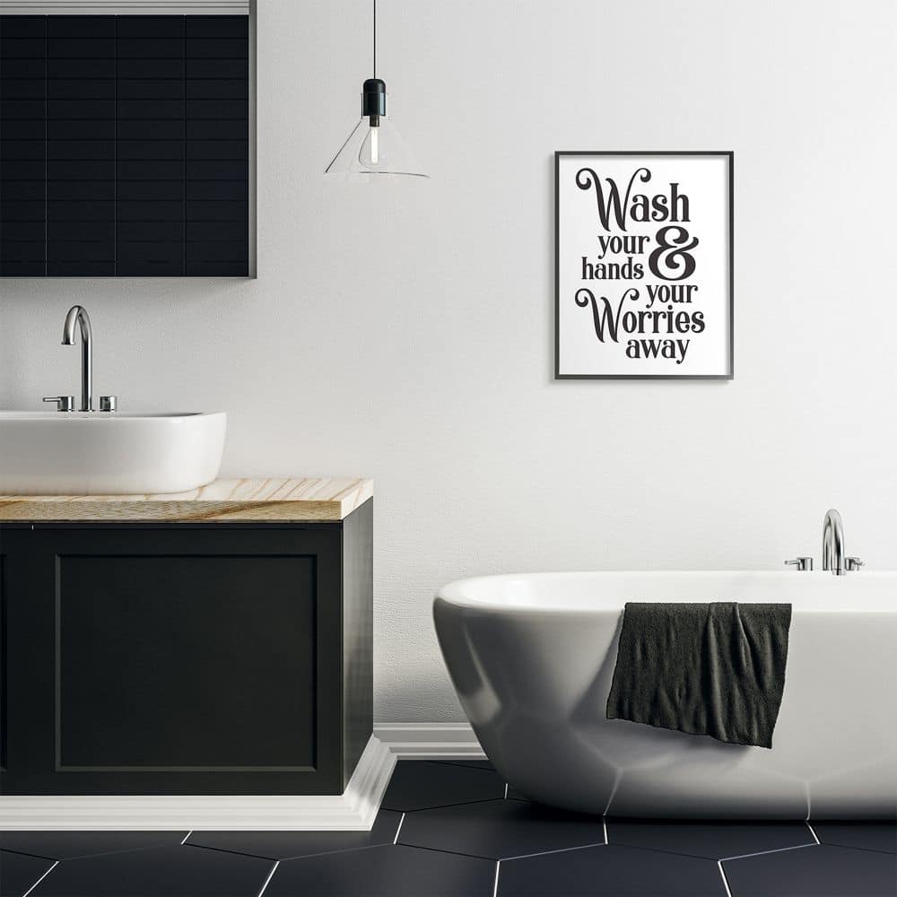 Stupell Industries Wash Your Hands and Worries Bathroom Phrase Clean Framed Wall Art