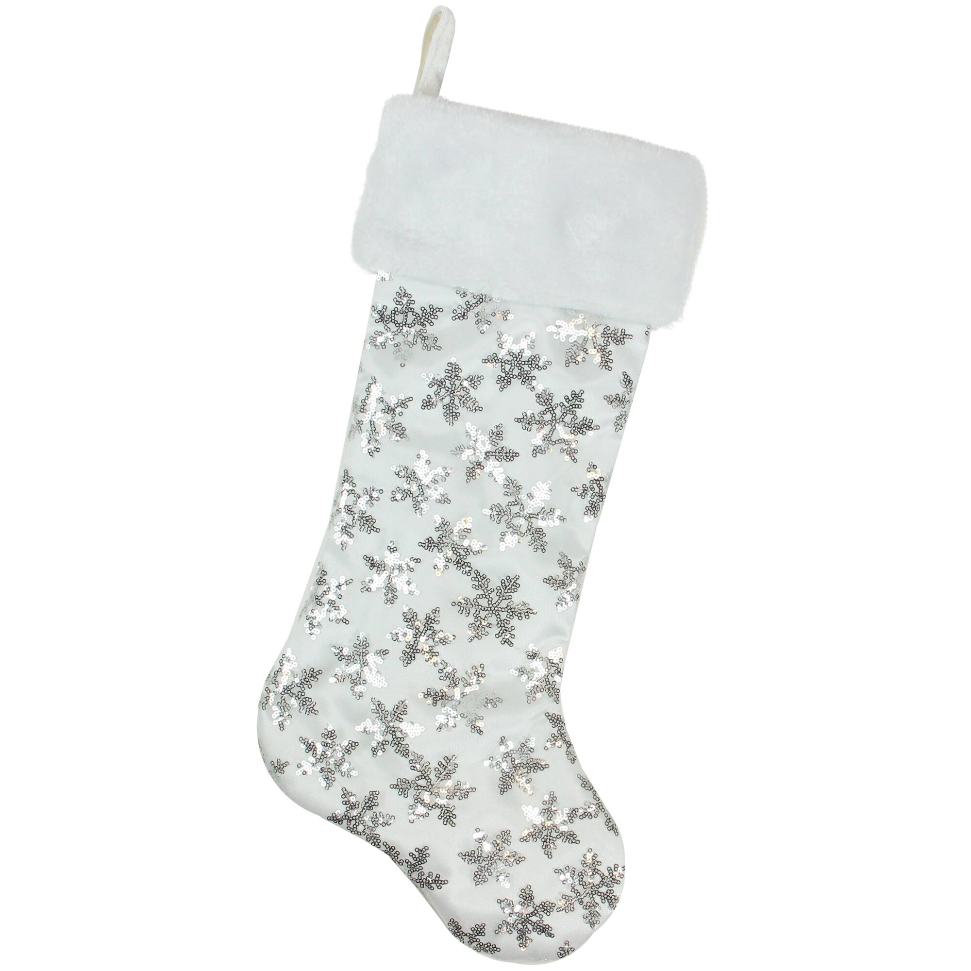 20.5" Sequin Snowflake Stocking With White Faux Fur Cuff