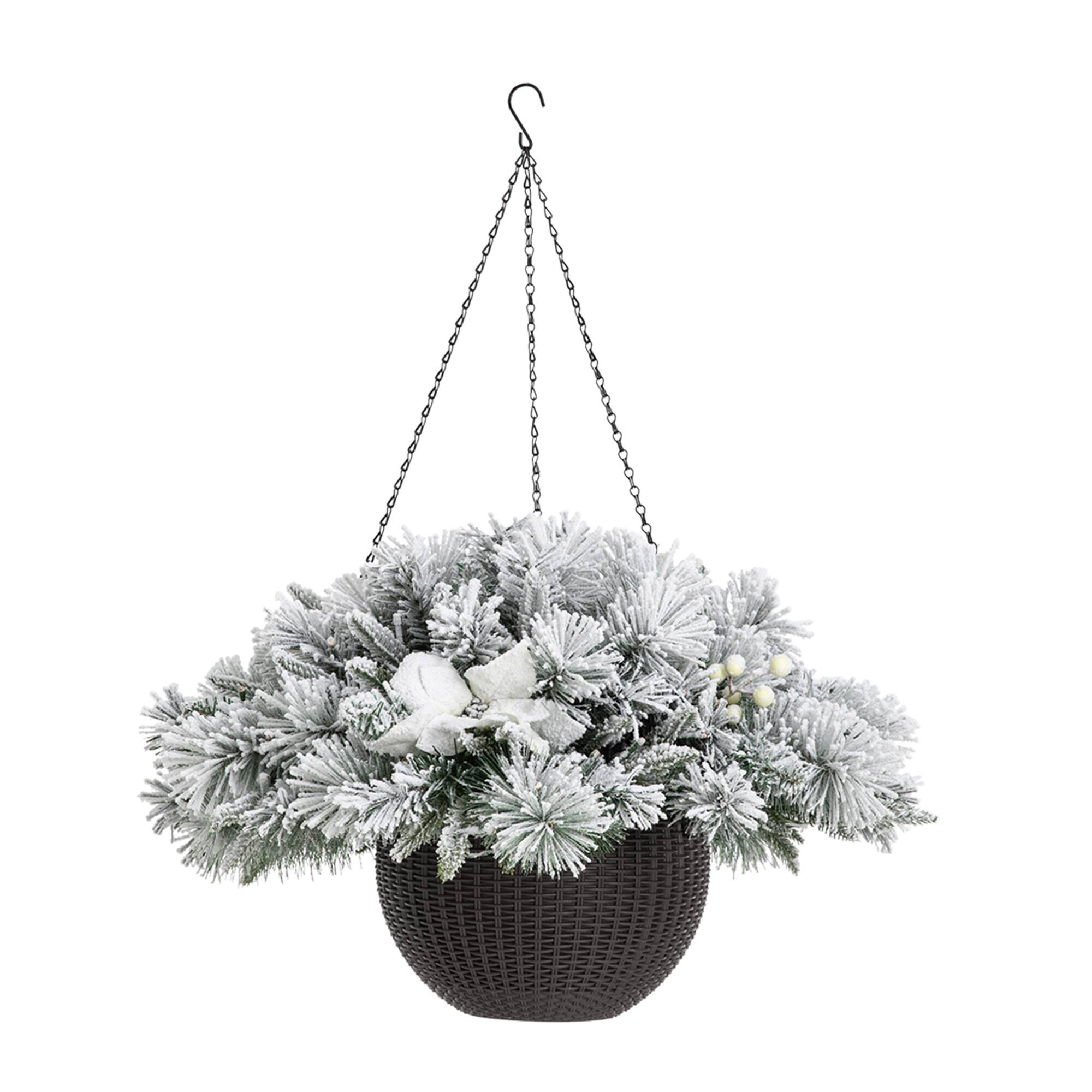 Glitzhome® 24" Pre-Lit Snow Flocked Christmas Artificial Pine Poinsettia Hanging Basket, White Lights