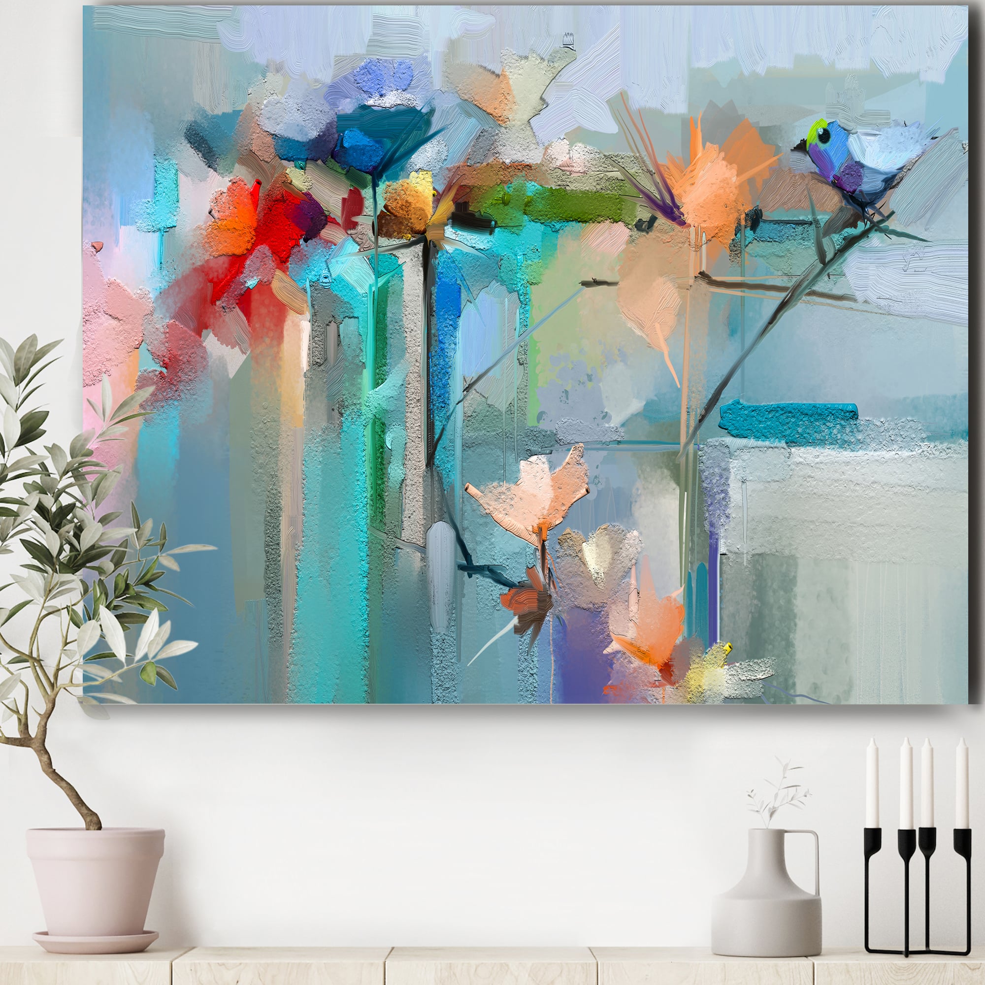 Designart - Abstract Red Blue And Pink Flowers - Farmhouse Canvas Wall Art Print