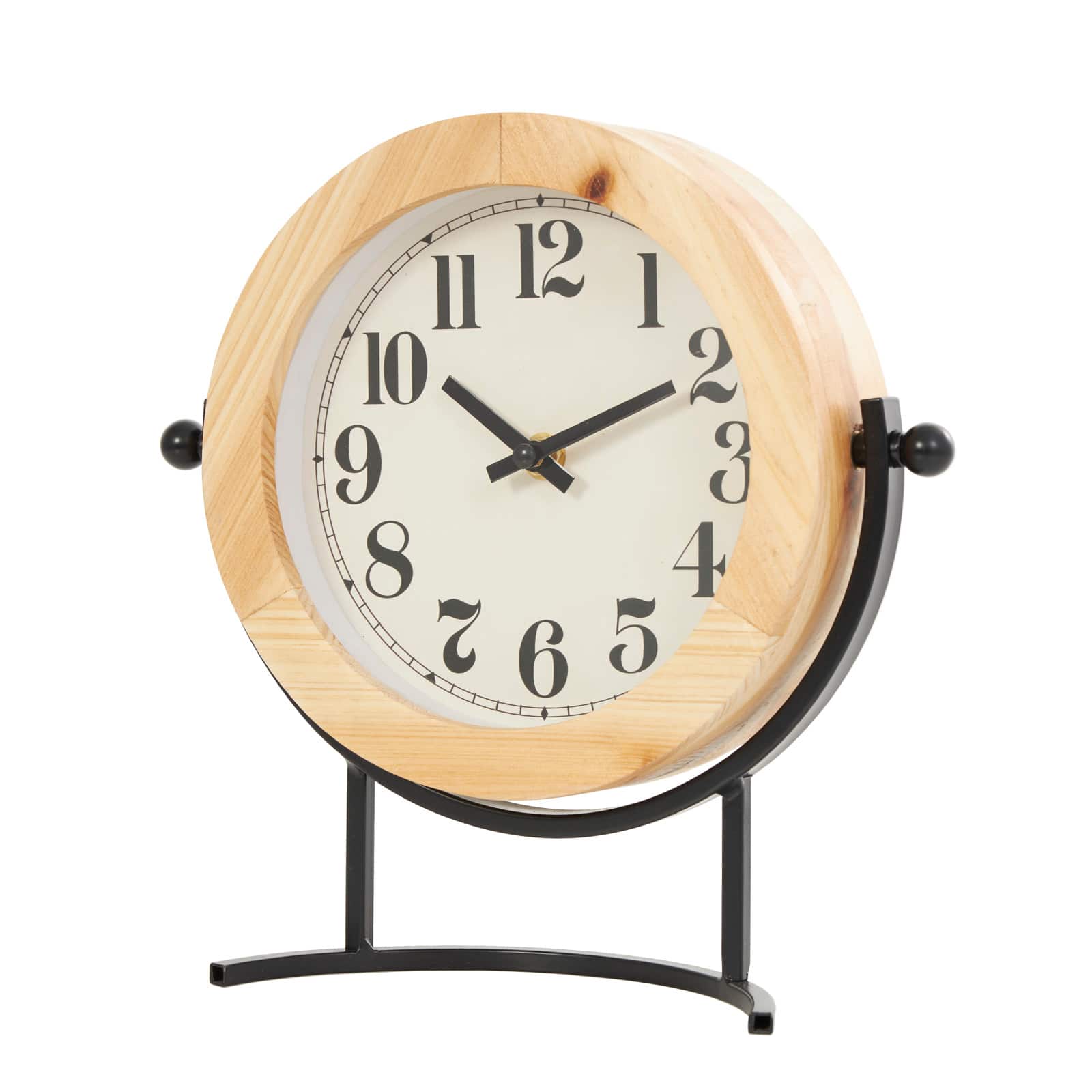 10" Light Brown Wood Clock with Curved Black Metal Stand & Ball Details