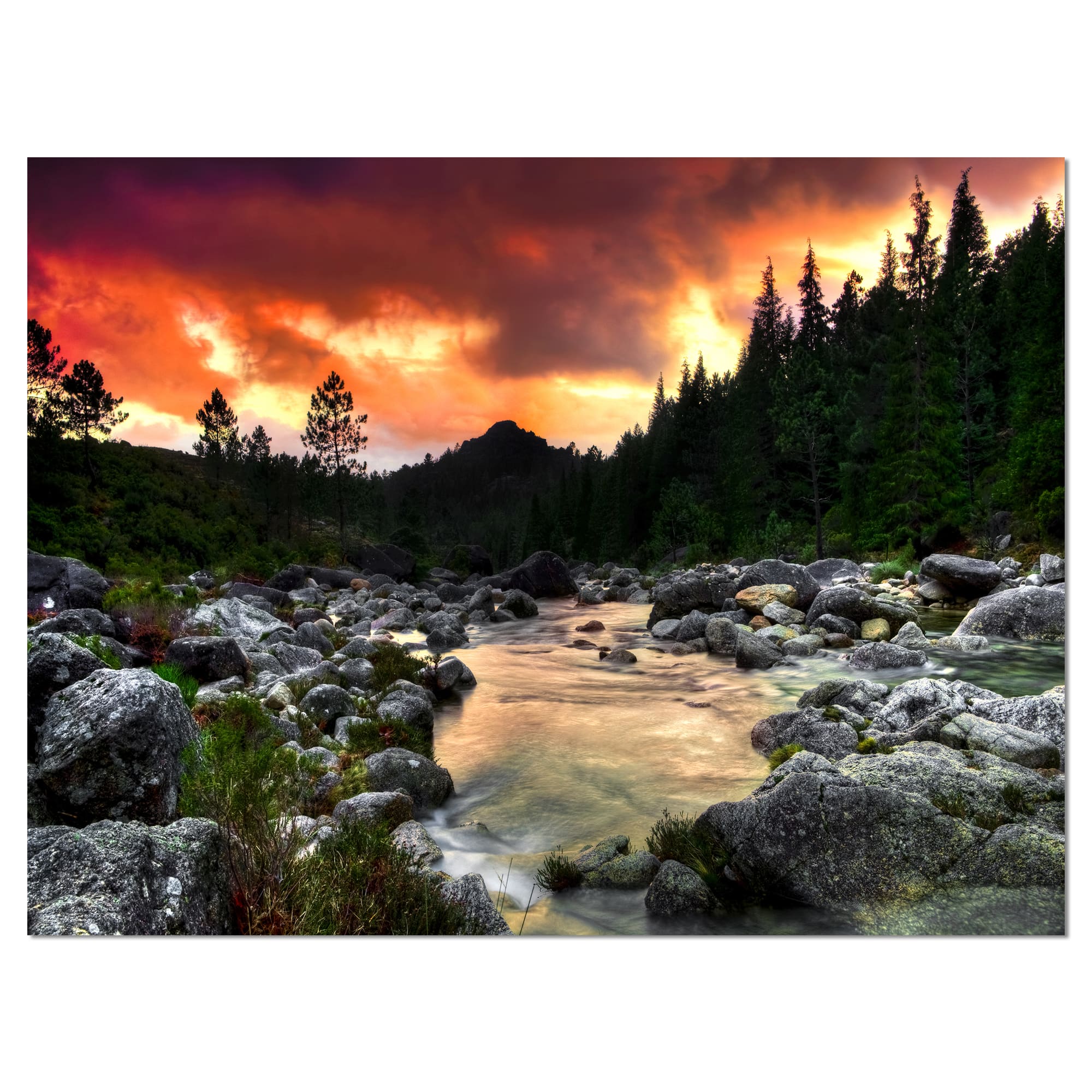 Designart - Rocky Mountain River at Sunset - Extra Large Wall Art Landscape