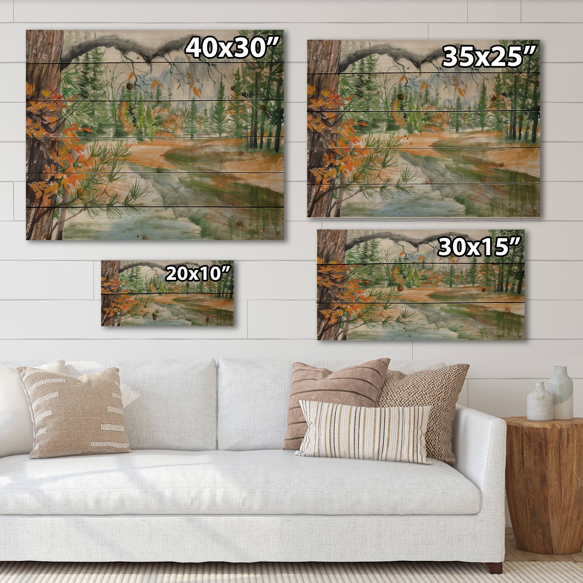 Designart - River With Trees In Autumn Forest - Lake House Print on Natural Pine Wood