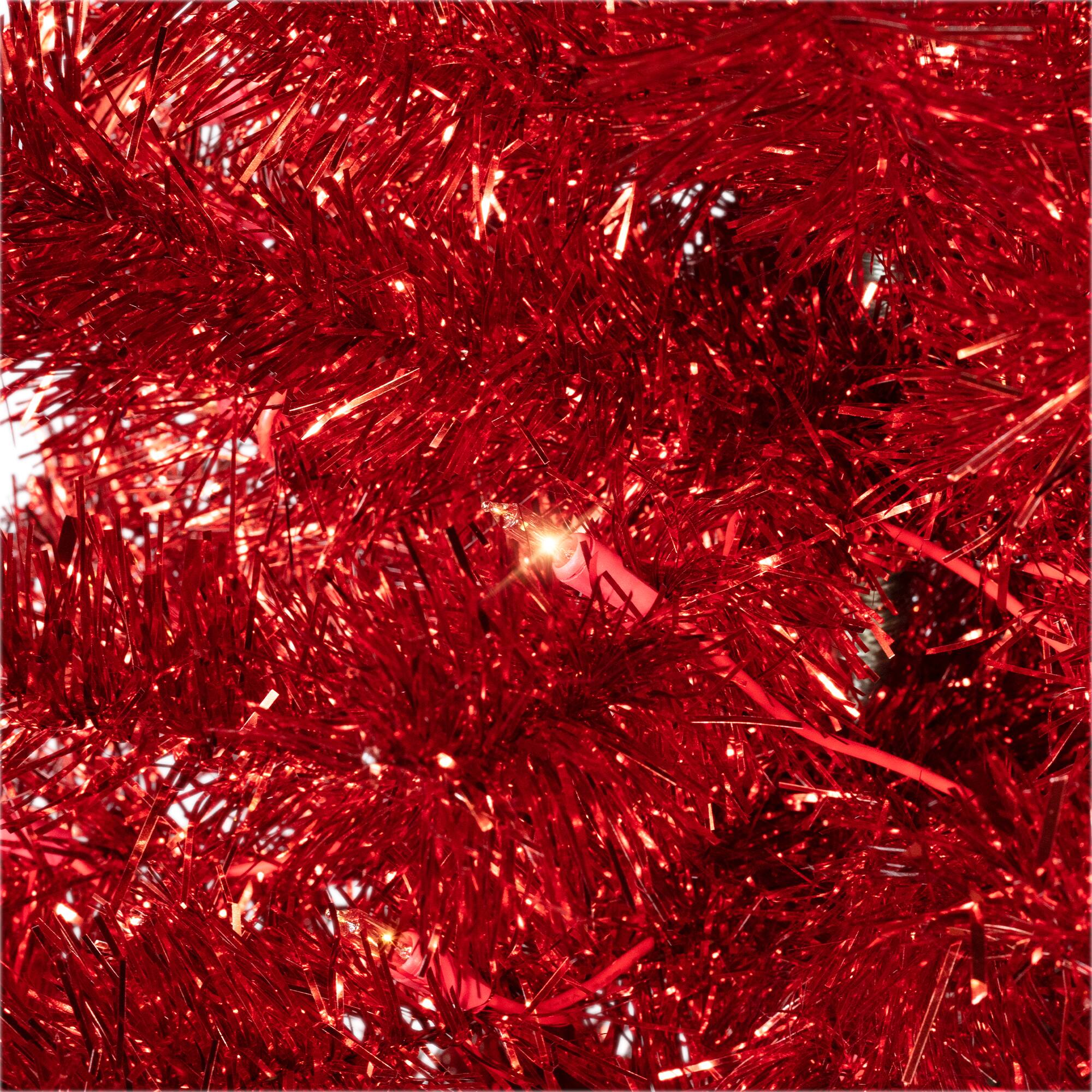 7ft. Pre-Lit Red Artificial Tinsel Christmas Tree, Clear Lights