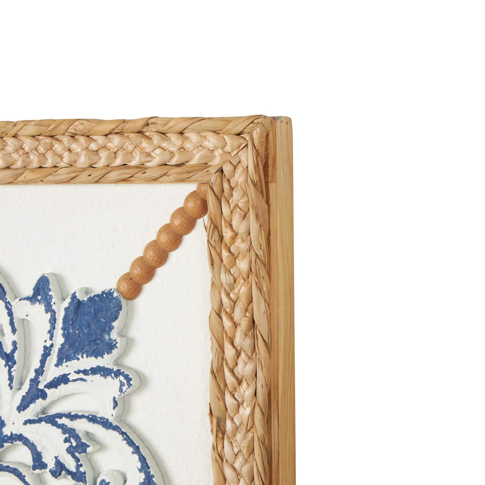 20" x 20" Blue Wood Floral Relief Wall Décor with Brown Woven Seagrass Frame