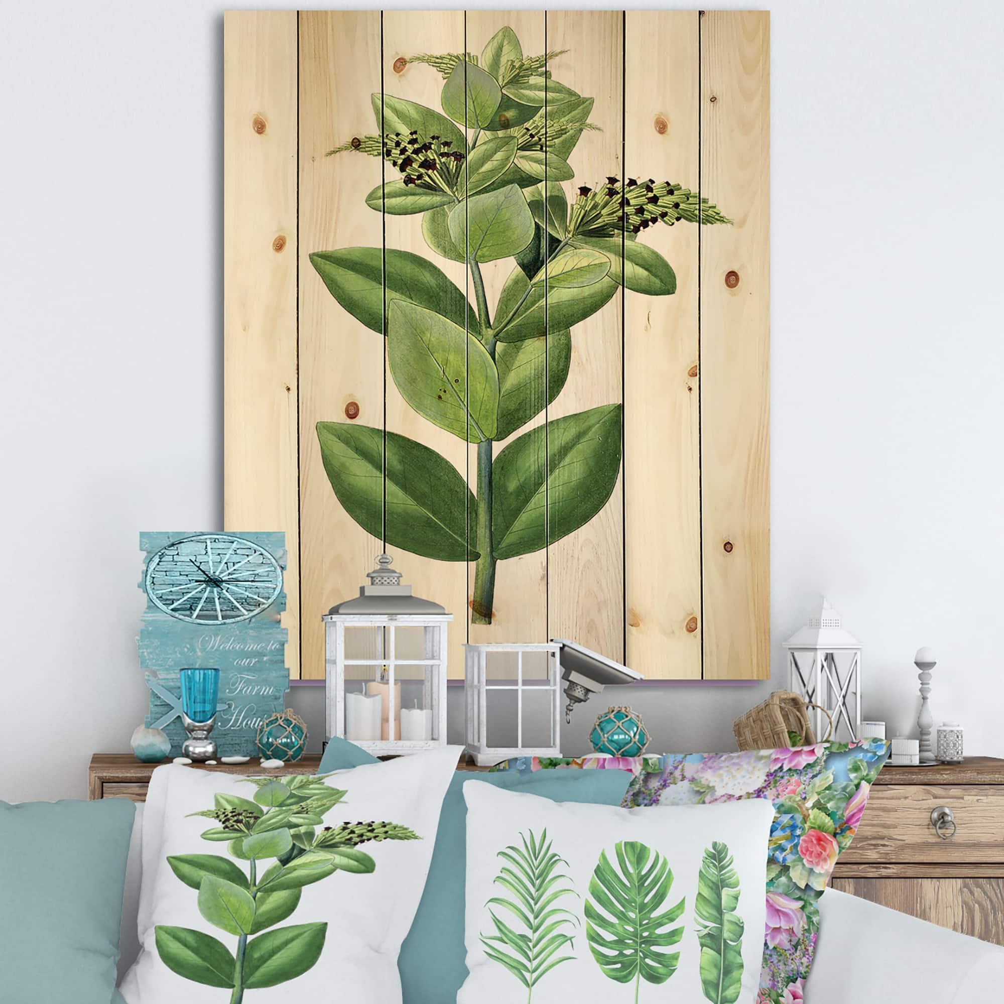 Designart - Vintage Green Leaves Plants VI - Traditional Print on Natural Pine Wood