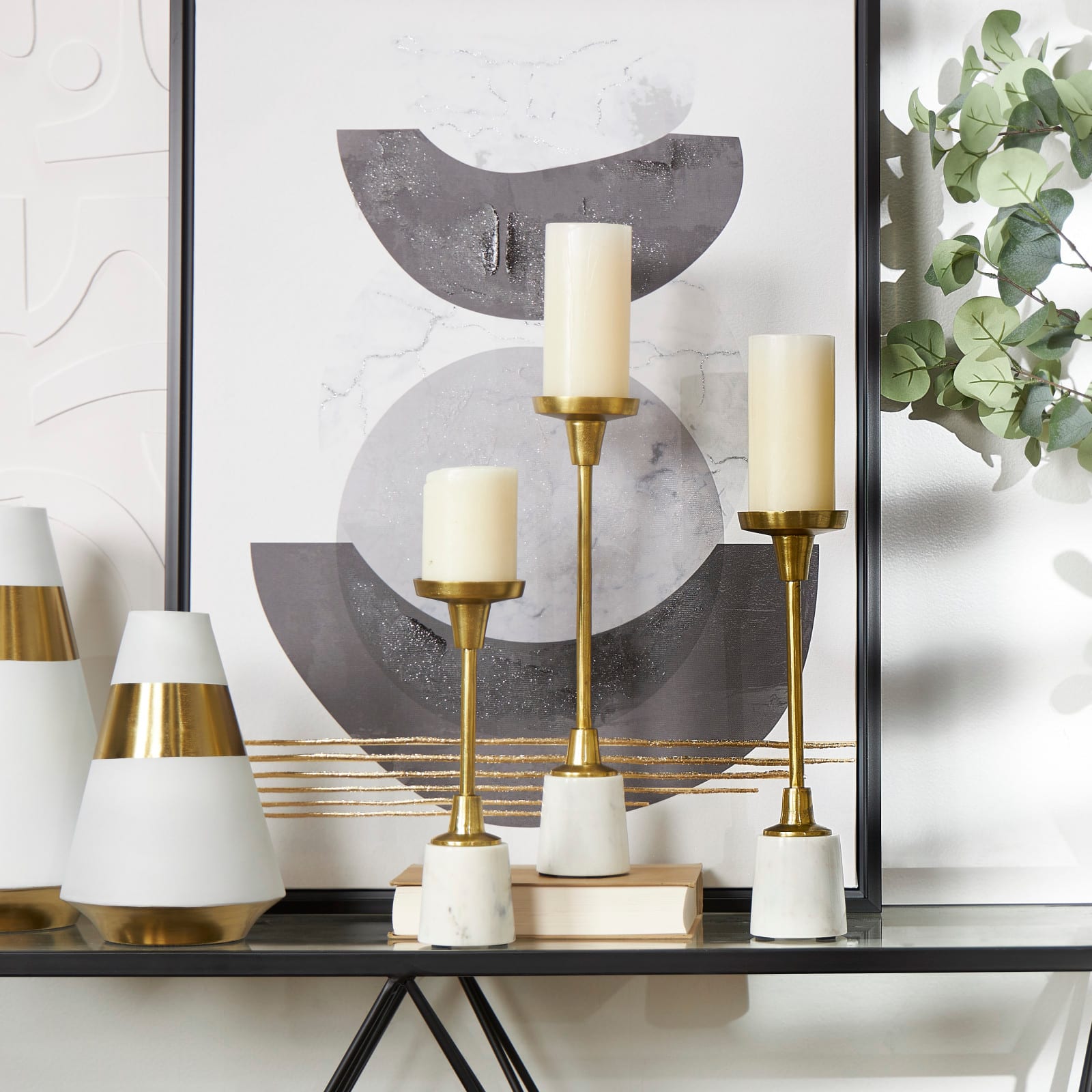 Gold Aluminum Slim Candle Holder with White Marble Base Set