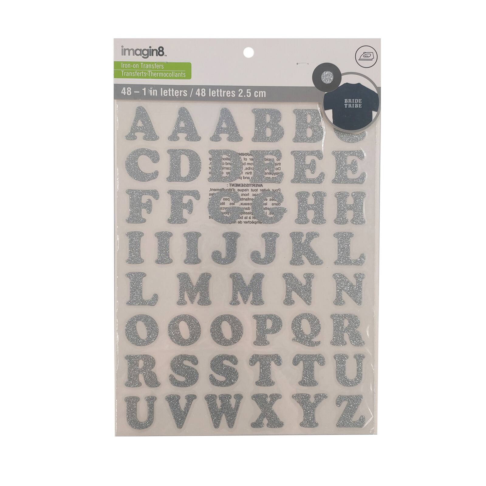 12 Packs: 48 ct. (576 total) 1" Iron-On Silver Glitter Letters by Imagin8™