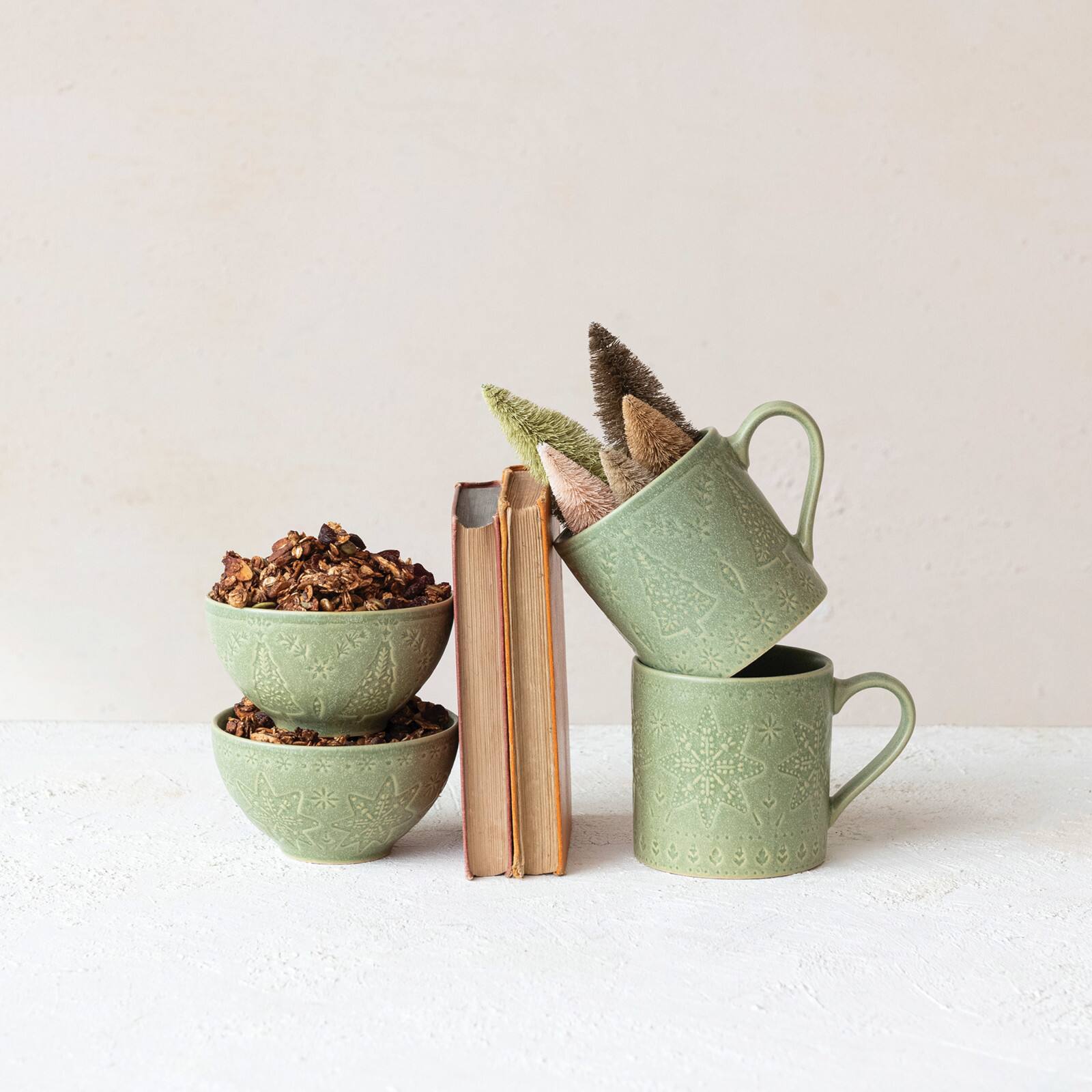 Hello Honey® 5" Matte Green Reactive Glaze Debossed Tree & Snowflake Stoneware Bowls, 6ct.
