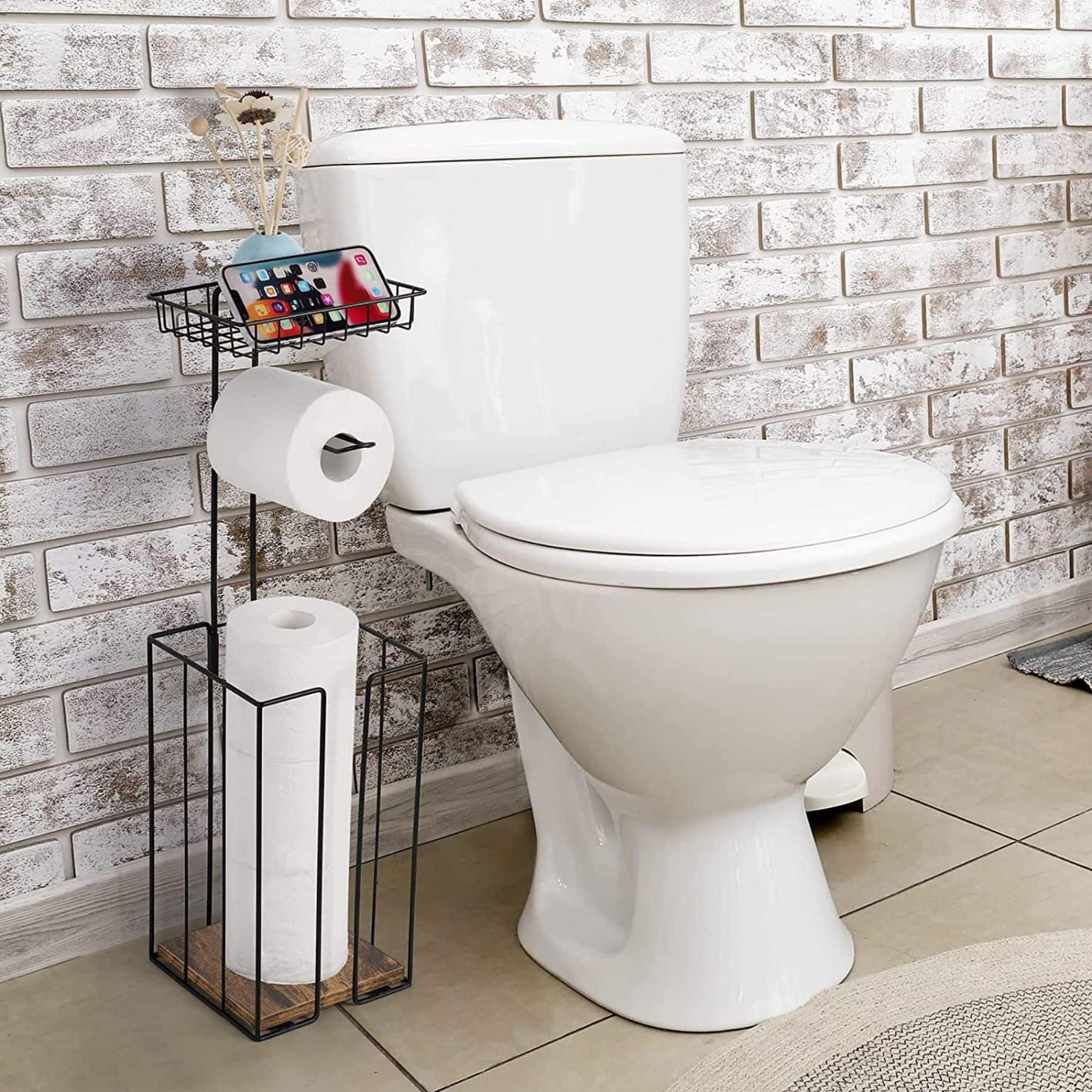 NEX™ 23.5" Black Freestanding Toilet Paper Holder with Shelf