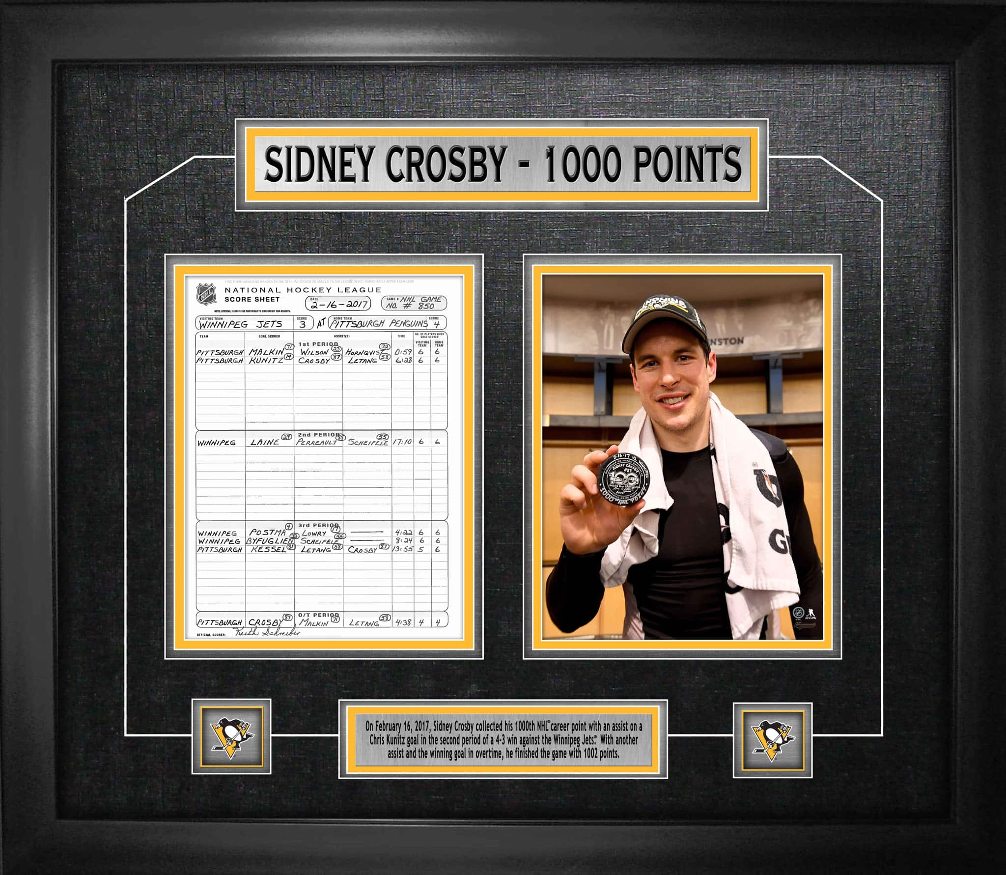 Sidney Crosby Pittsburgh Penguins Framed 1000th Point Collage with Scoresheet 28.5" x 24.5"