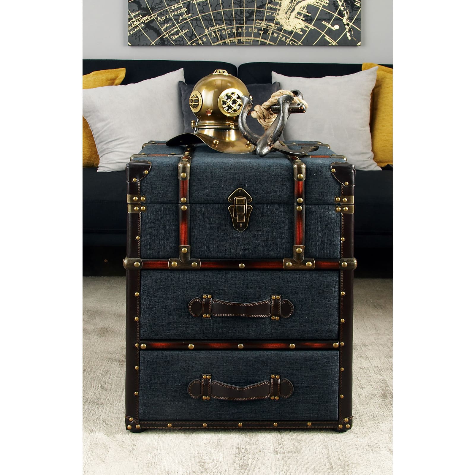 Blue Wood and Linen Traditional Accent Table, 22" x 18" x 18"