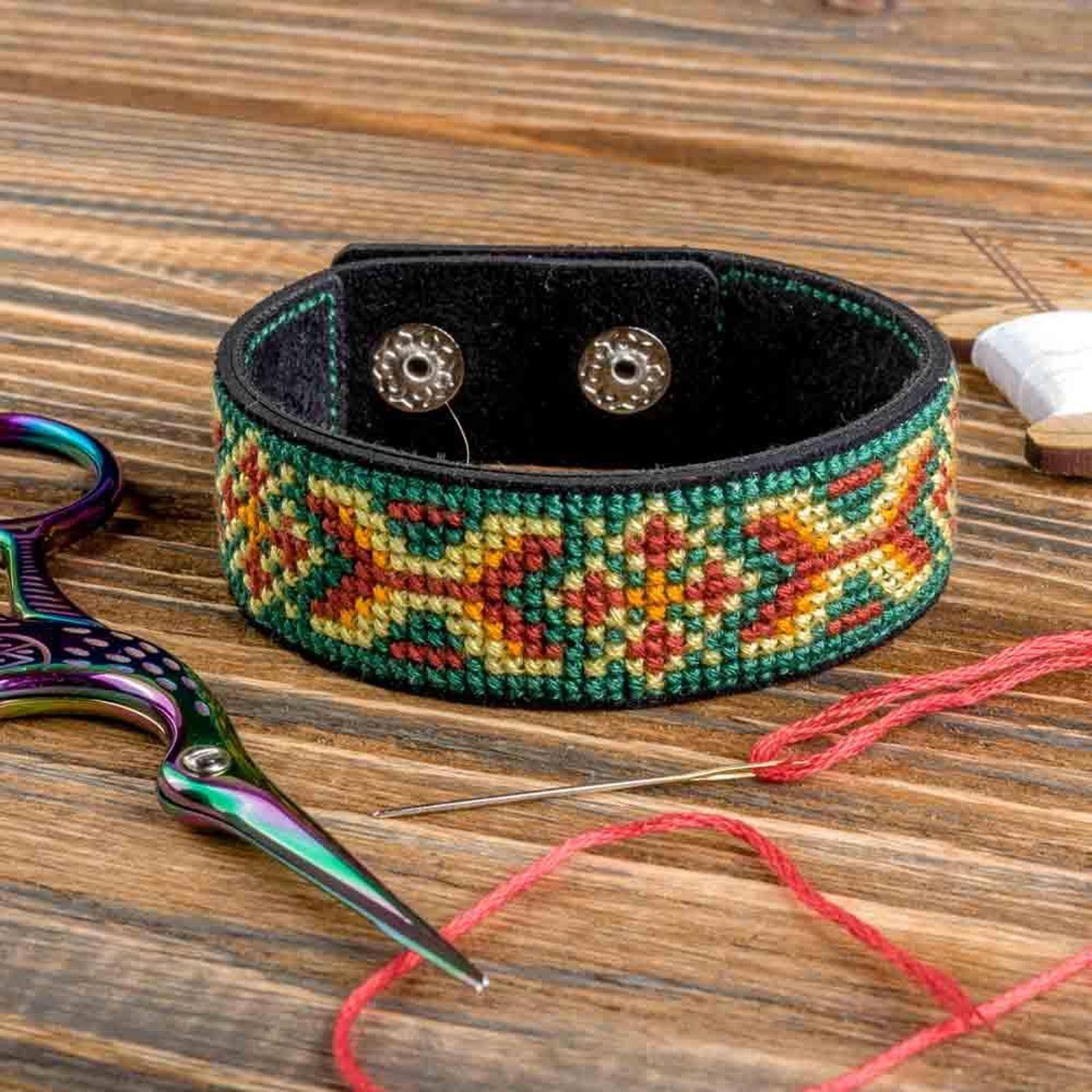 Wonderland Crafts Green & Yellow Artificial Leather Cross Stitch Bracelet Kit