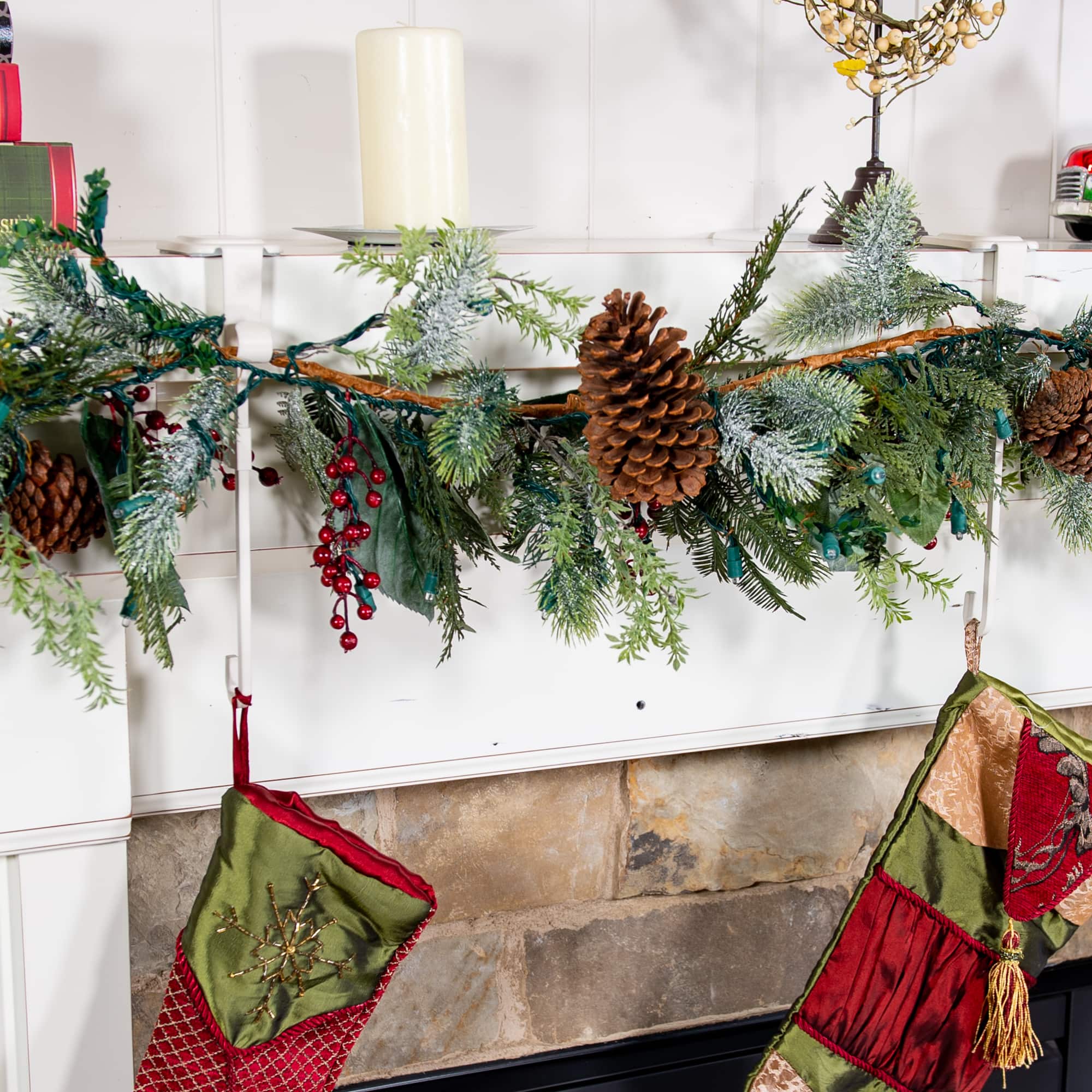 White Mantel Garland & Christmas Stocking Hanger, 2ct.