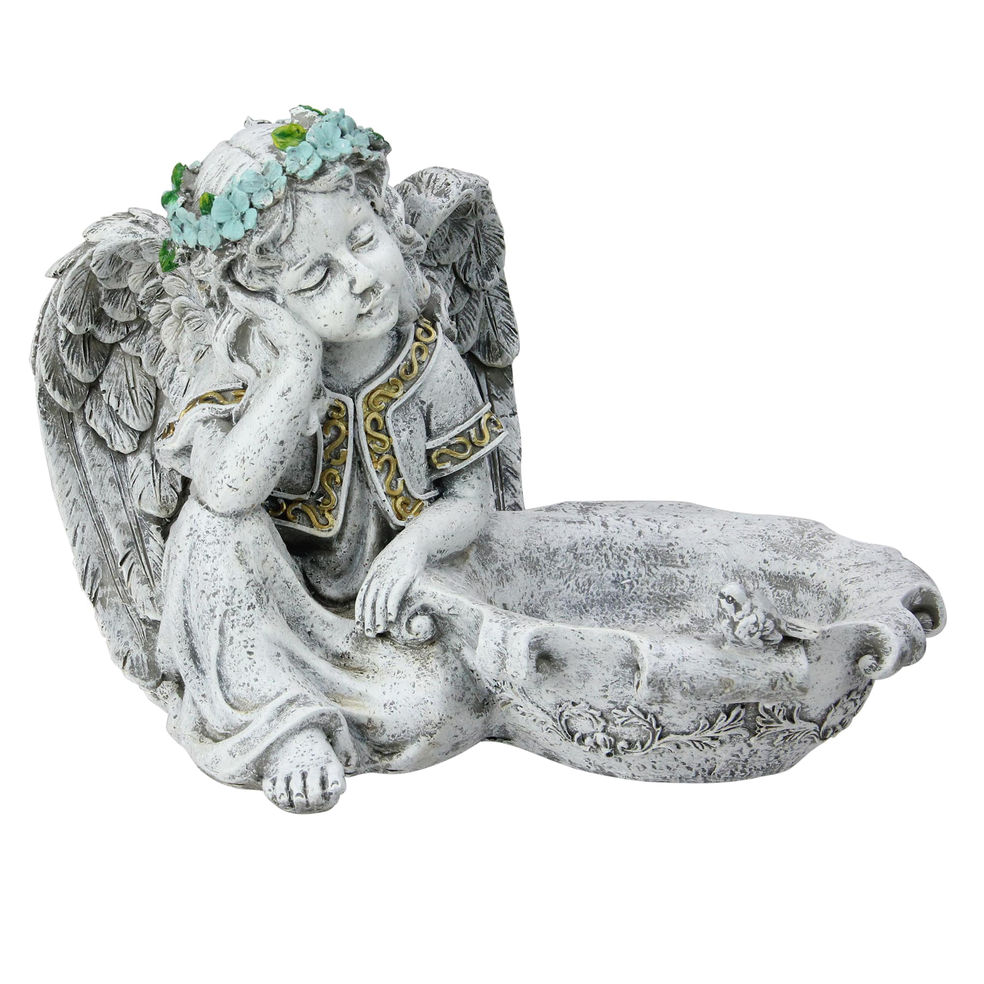 10" Gray Resting Angel Bird Feeder Garden Statue