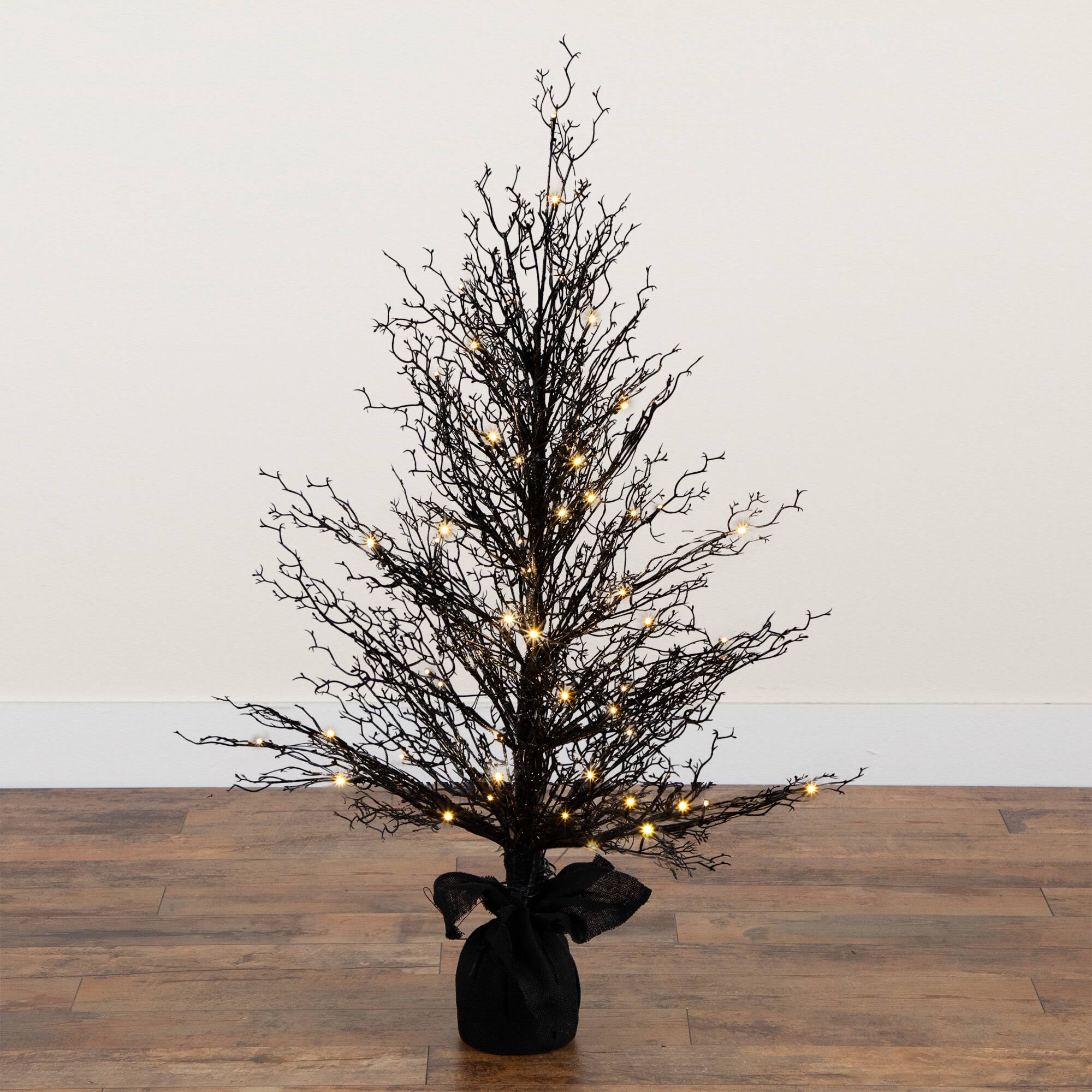 4ft. Pre-Lit LED Halloween Black Twig Artificial Fall Tree in Burlap Planter