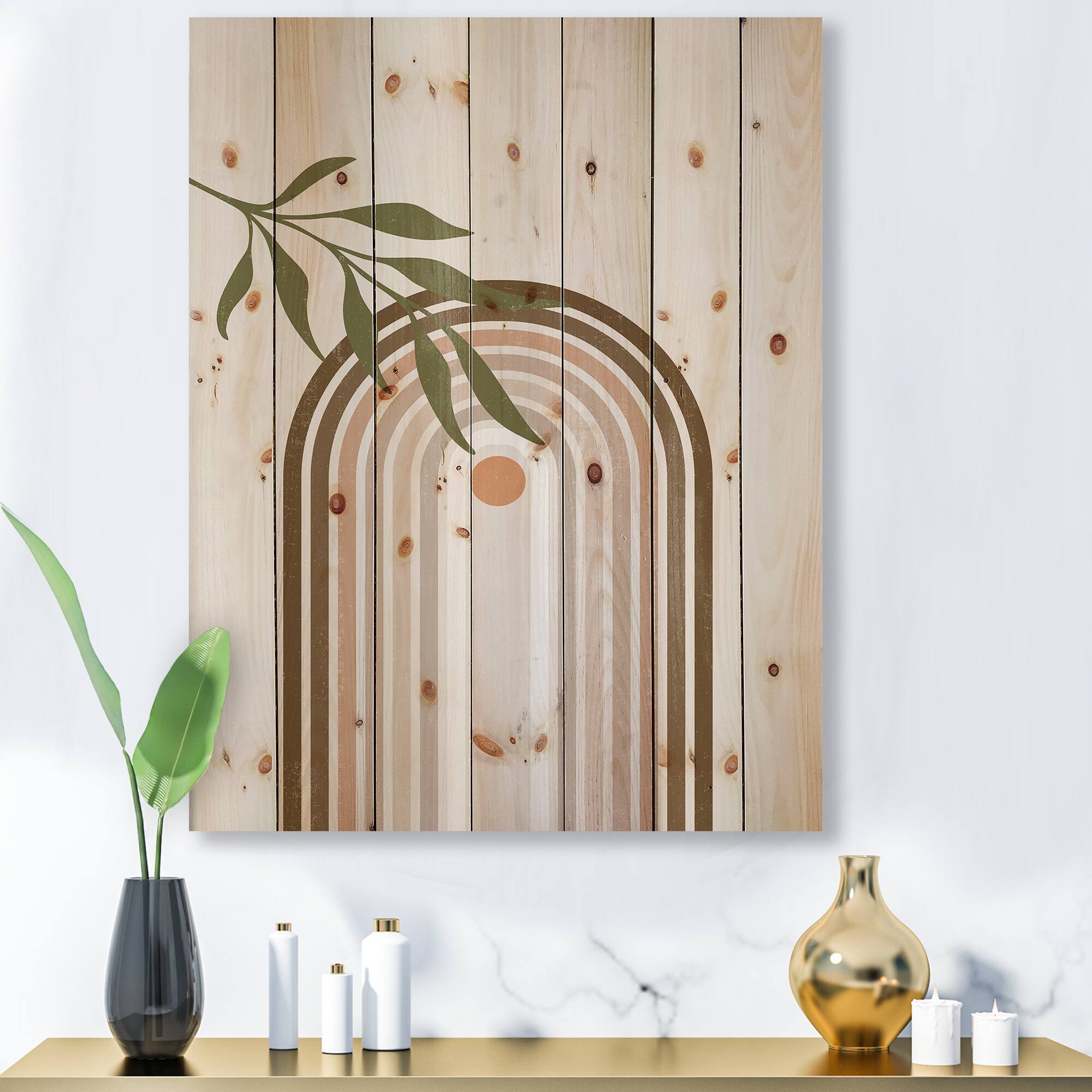 Designart - Abstract Sun and Moon With Green Leaf I - Modern Print on Natural Pine Wood