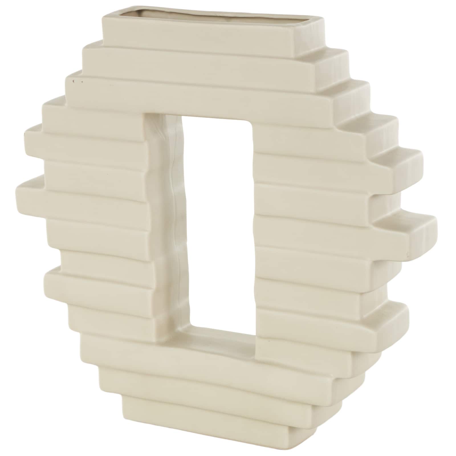 13" Cream Ceramic Abstract Decorative Vase with Rectangular Center Cutout