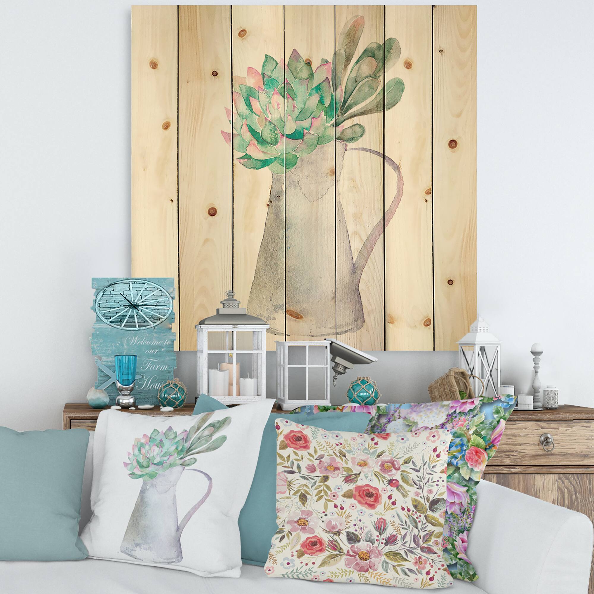 Designart - Succulent Home Plant - Traditional Print on Natural Pine Wood