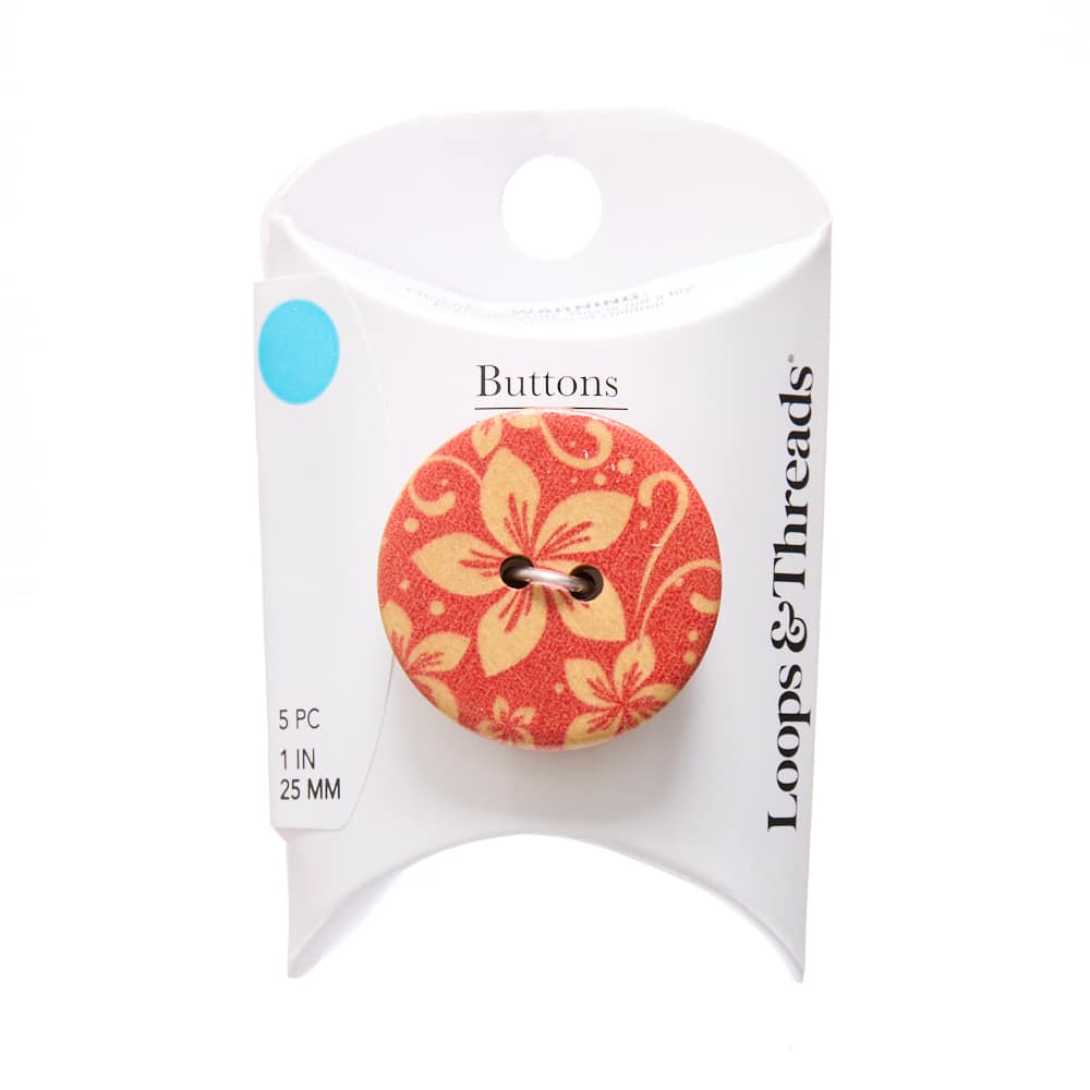 25mm Red & Orange Flower Print Round Wood Buttons, 5ct. by Loops & Threads®