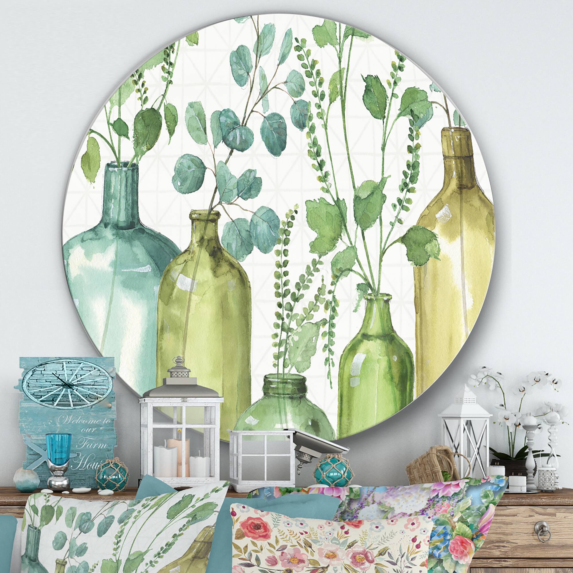 Designart - Mixed Botanical Green Leaves I0 - Farmhouse Metal Circle Wall Art