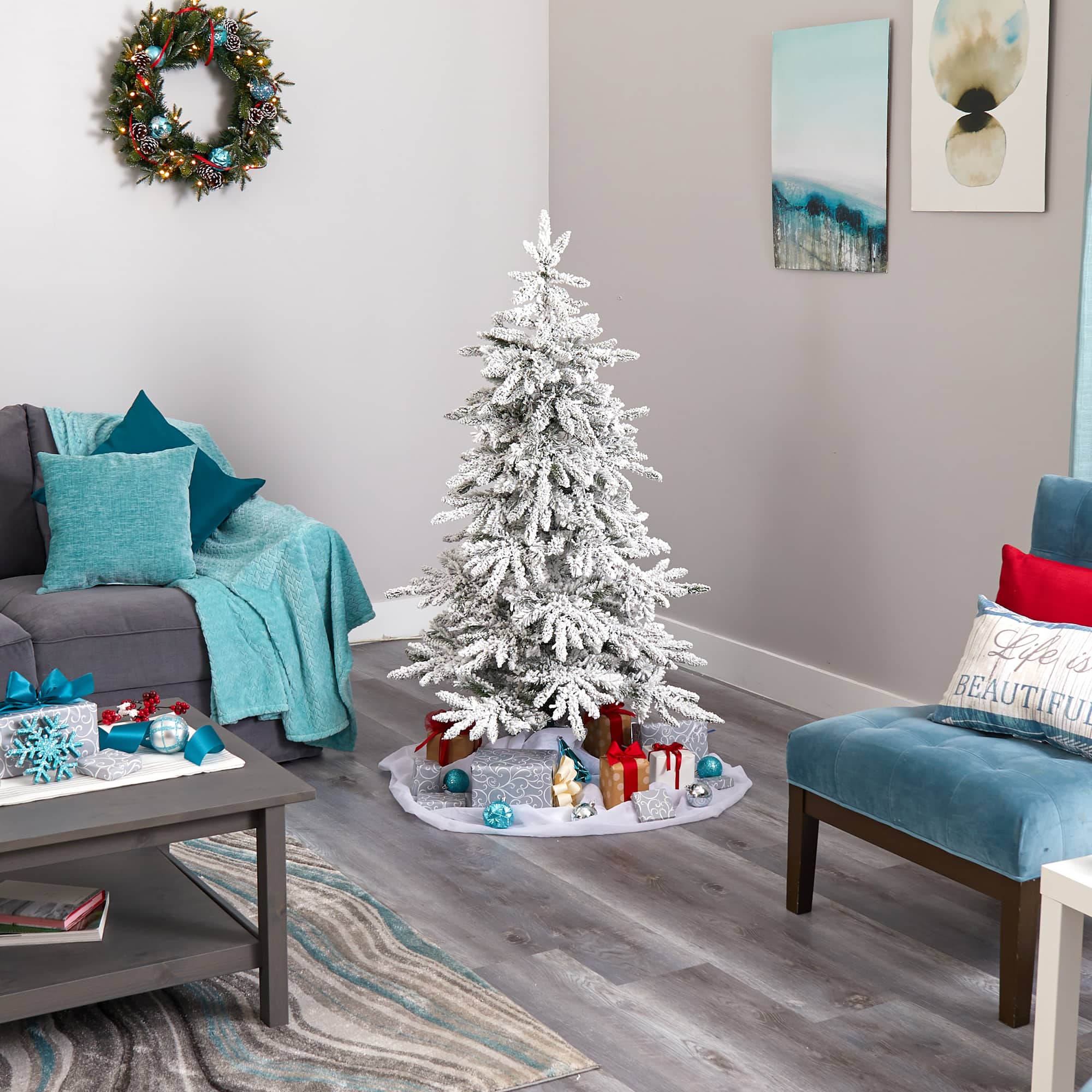 5ft. Pre-Lit Flocked Grand Northern Rocky Fir Artificial Christmas Tree, Warm White Micro LED Lights