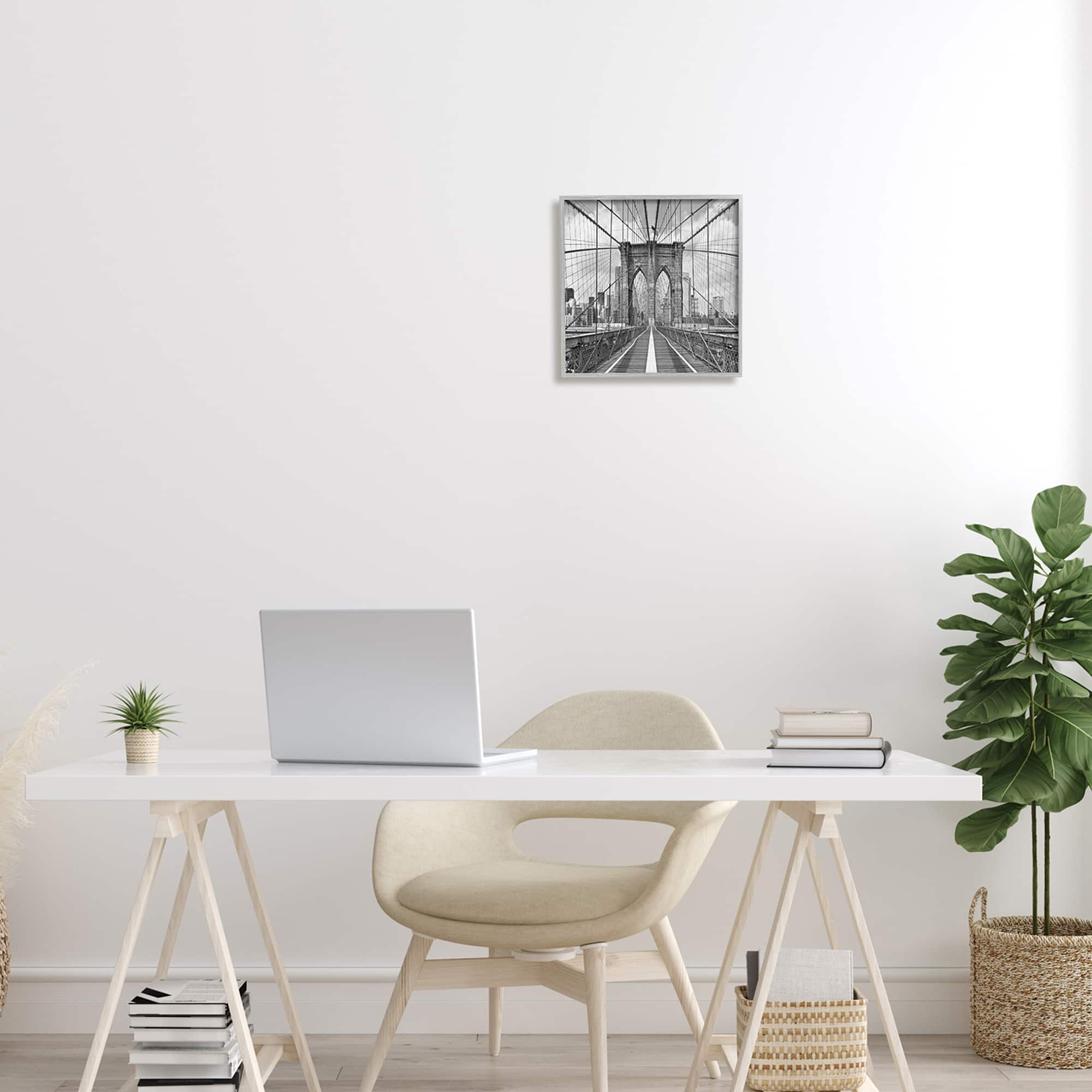 Stupell Industries Brooklyn Bridge Black White Industrial Landscape City Architecture Framed Wall Art