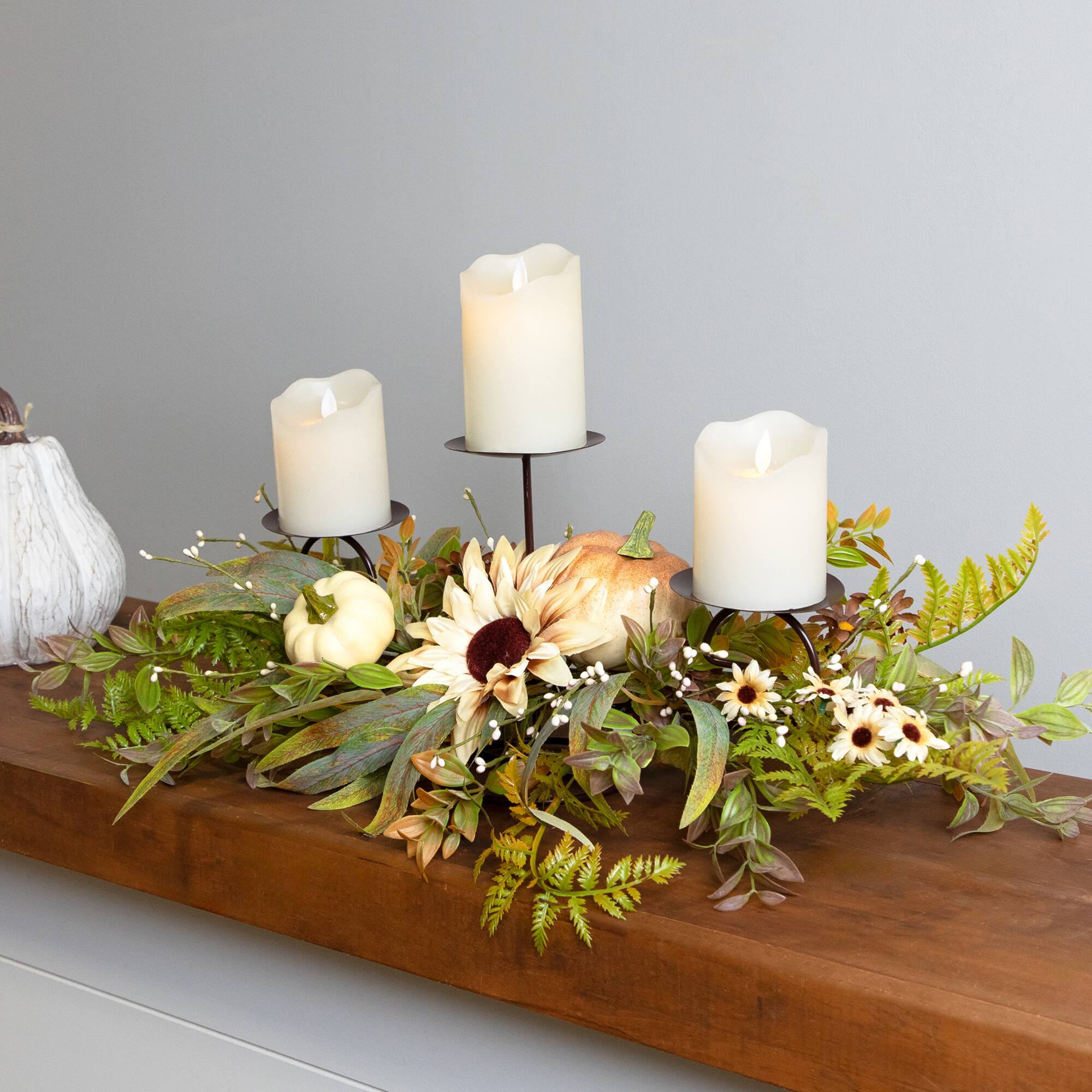 28" Sunflower & Pumpkins Fall Harvest Triple Candle Holder