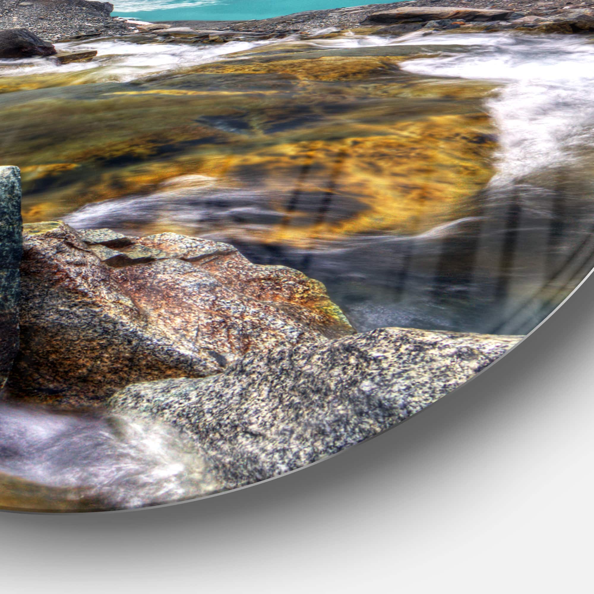 Designart - Mountain Creek Flowing into Lake' Large Landscape Metal Circle Wall Art