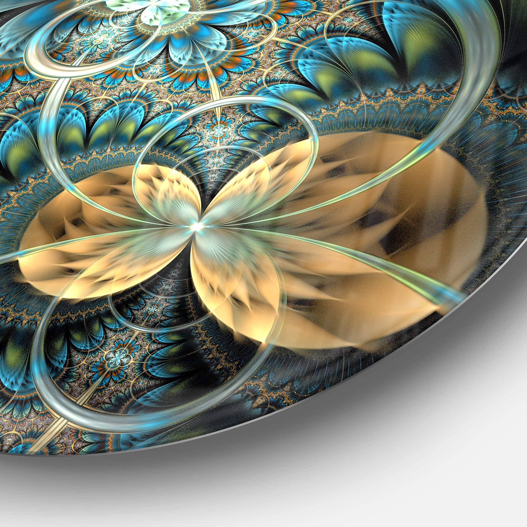 Designart Contemporary Symmetrical Blue & Gold Fractal Flower Large Metal Wall Art Disc