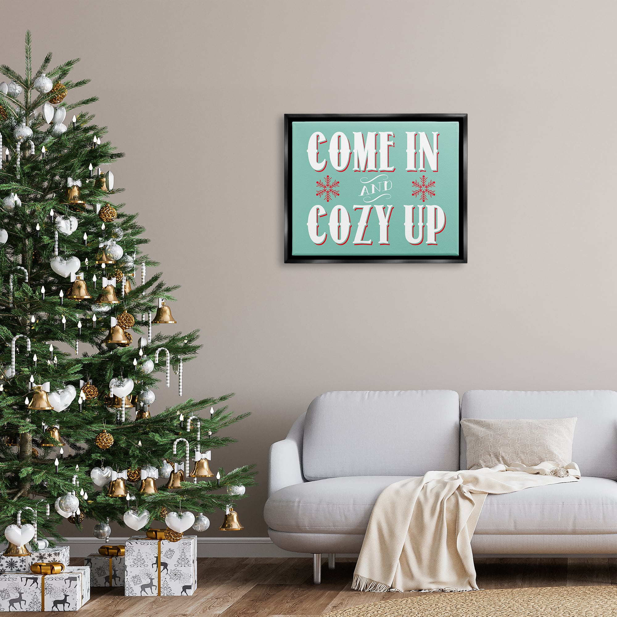 Stupell Industries Come In & Cozy Up Snowflake Phrase Framed Floater Canvas Wall Art