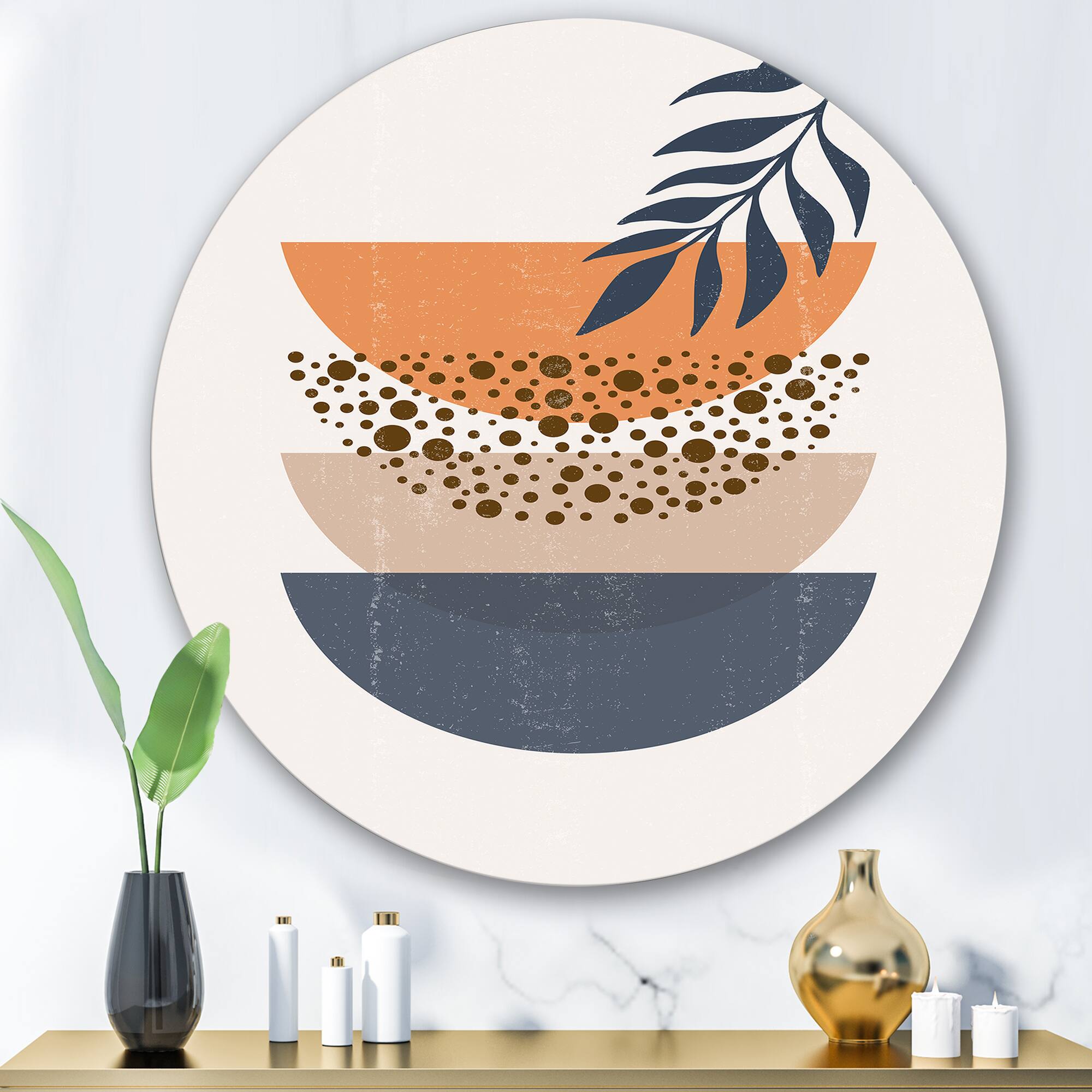 Designart - Abstract Geometrical Sun and Moon With Leaf IV - Modern Metal Circle Wall Art