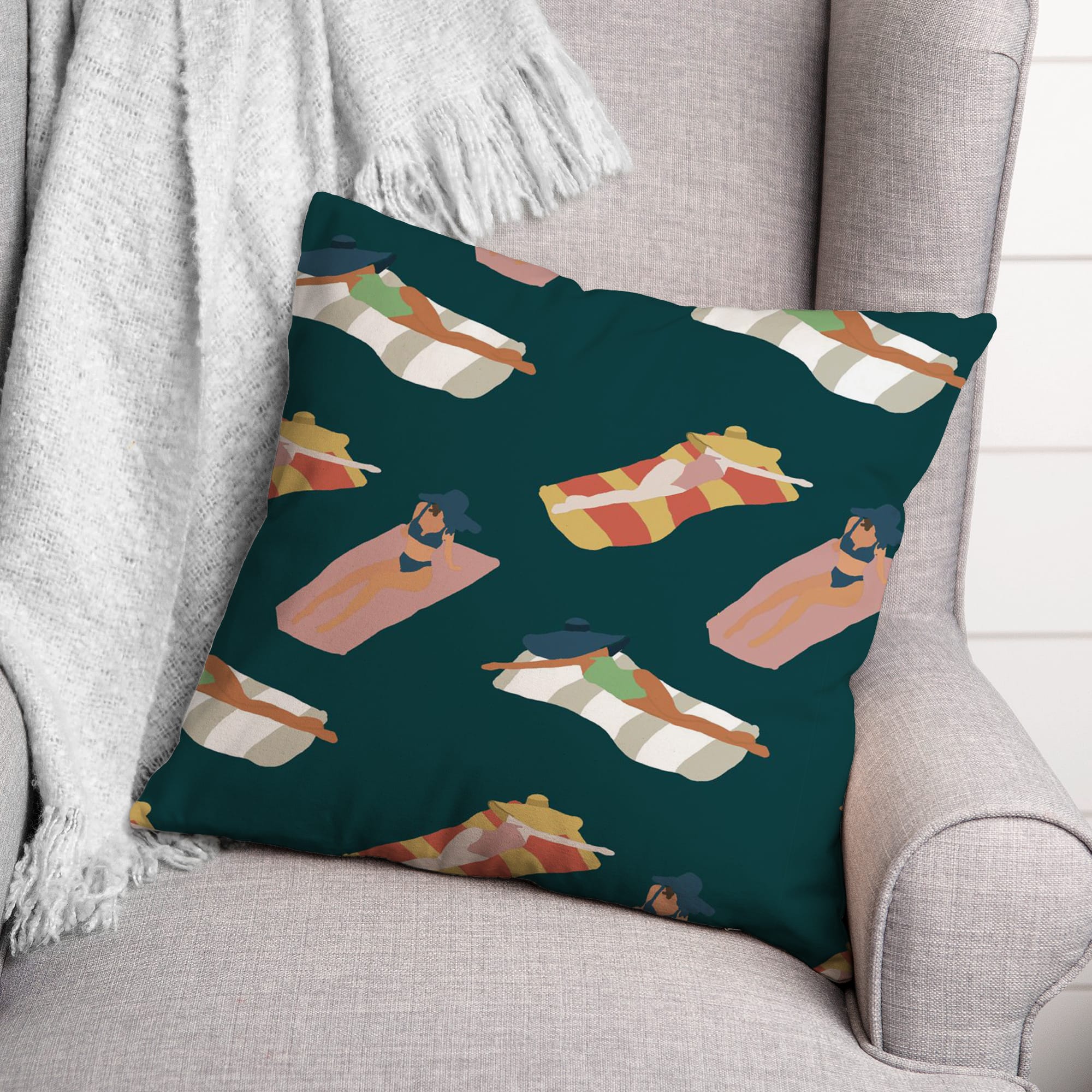 Navy Sun Bathers Pattern Throw Pillow