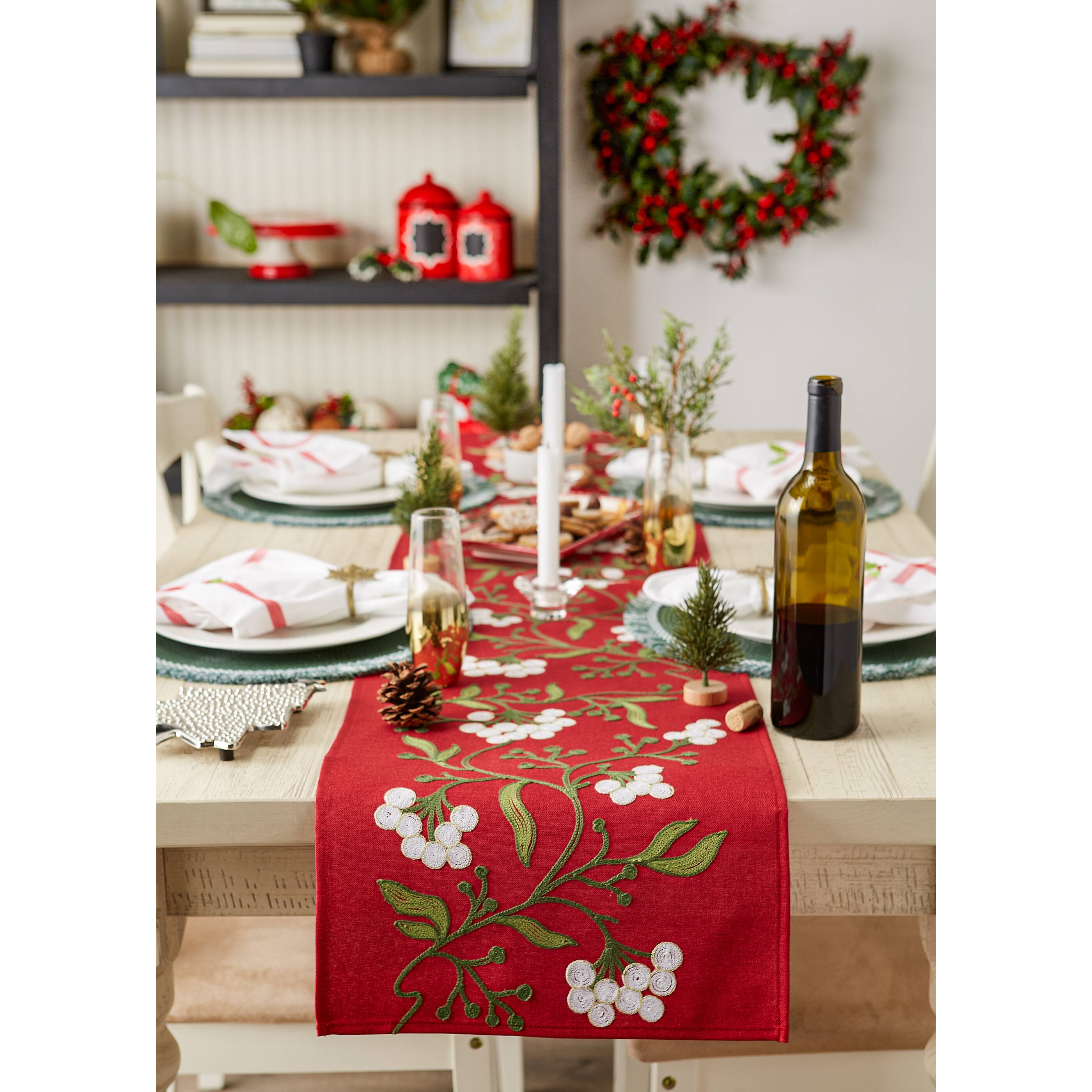 DII® 70" Red Mistletoe Embroidered Table Runner