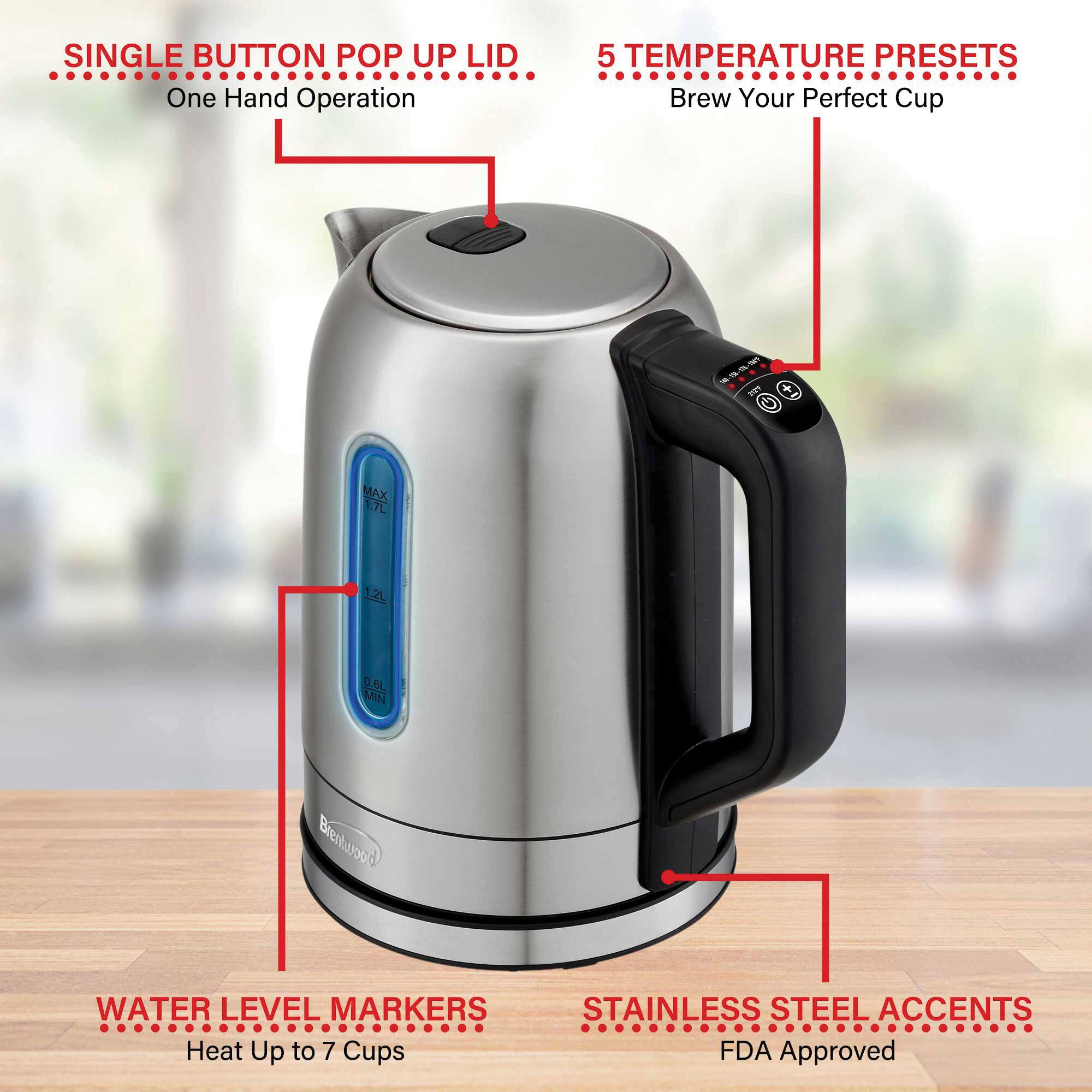 Brentwood 1.79qt. 1,500 Watt Cordless Digital Stainless Steel Kettle With 5 Temperature Presets & Swivel Base