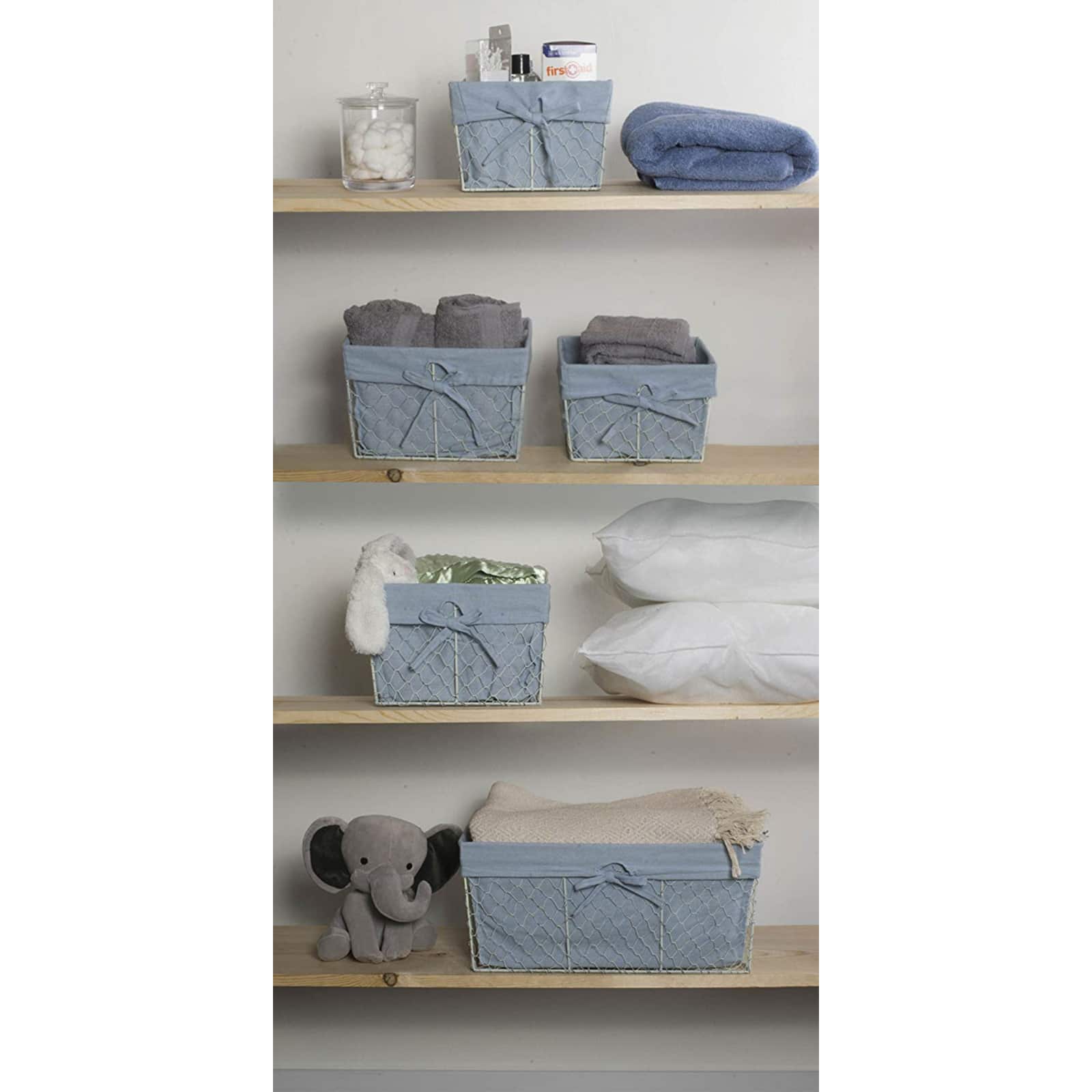 DII® Medium Antique White Chicken Wire Basket with Washed Denim Liner, 2ct.