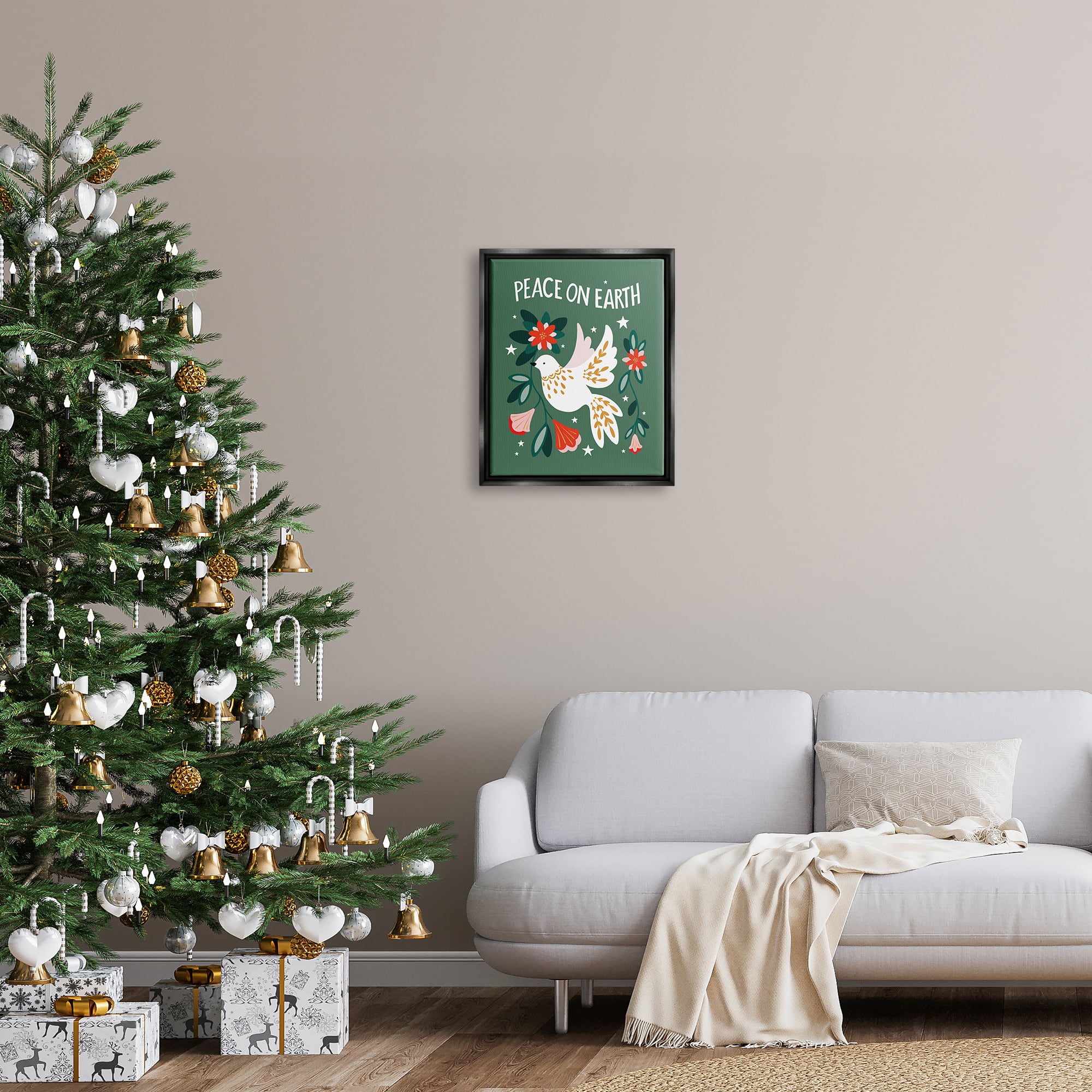 Stupell Industries Peace On Earth Floral Dove Blossoms Framed Floater Canvas Wall Art