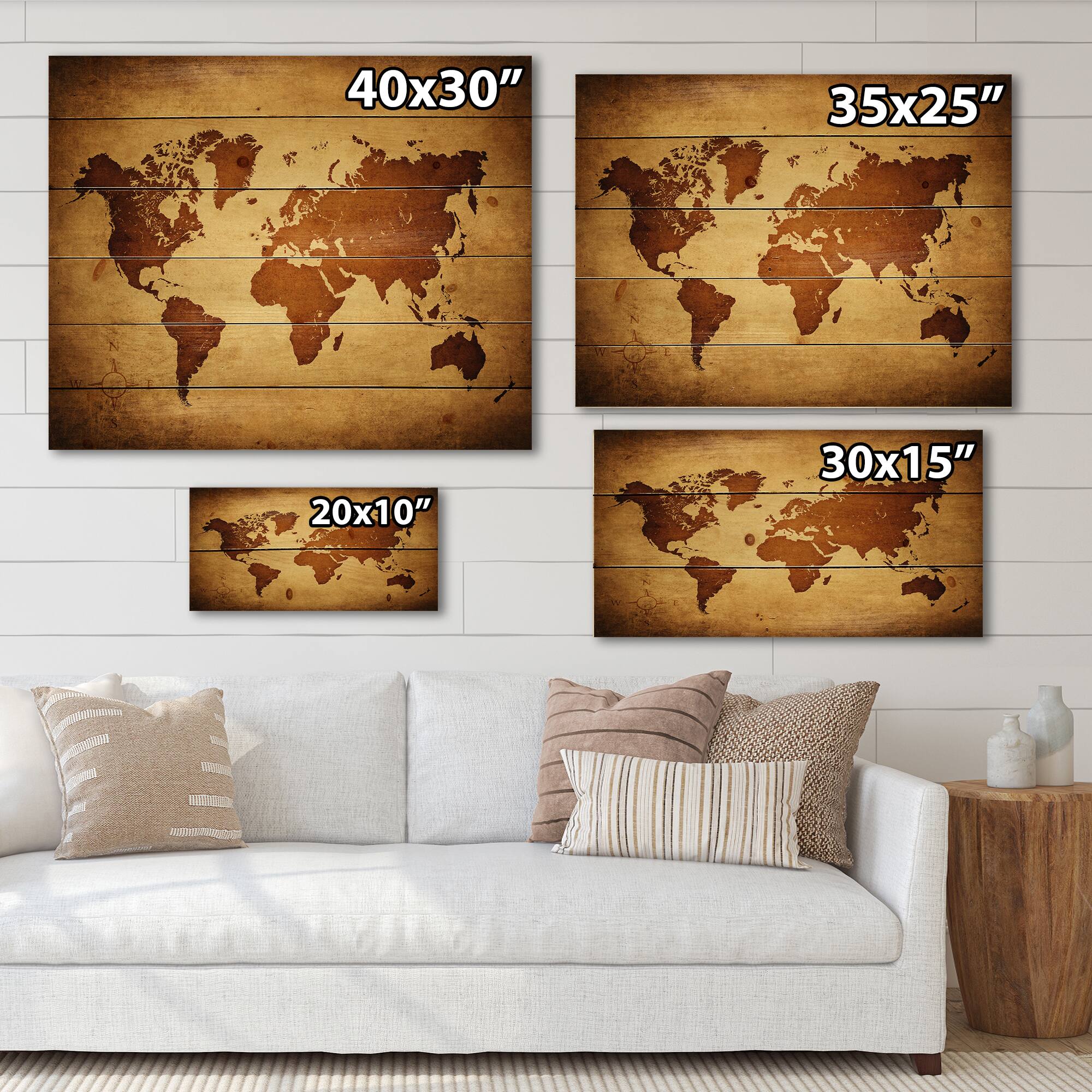 Designart - Ancient Map of The World VI - Vintage Print on Natural Pine Wood