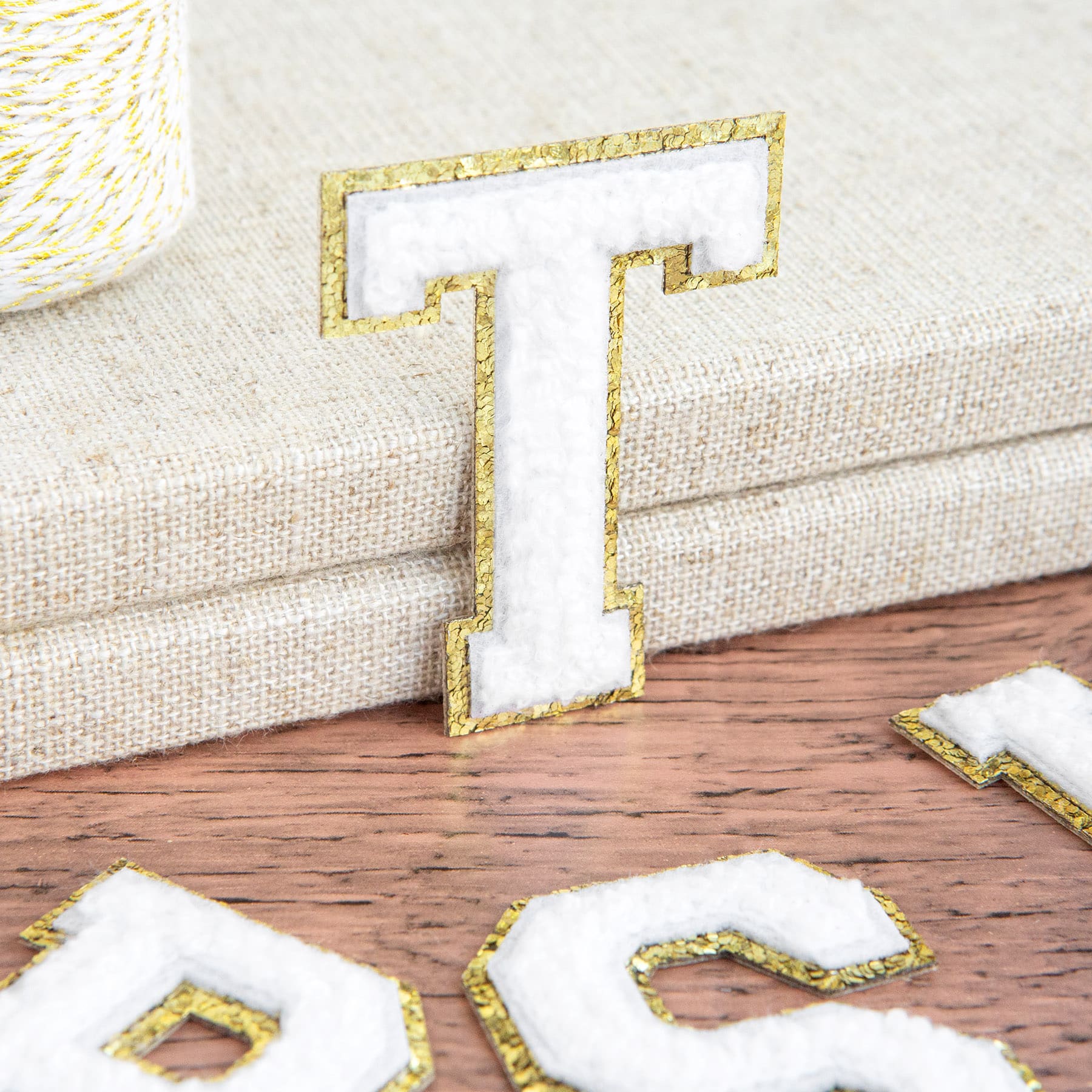 2.25" White Chenille & Gold Glitter Edge Letter Iron-On & Adhesive Patch by Make Market